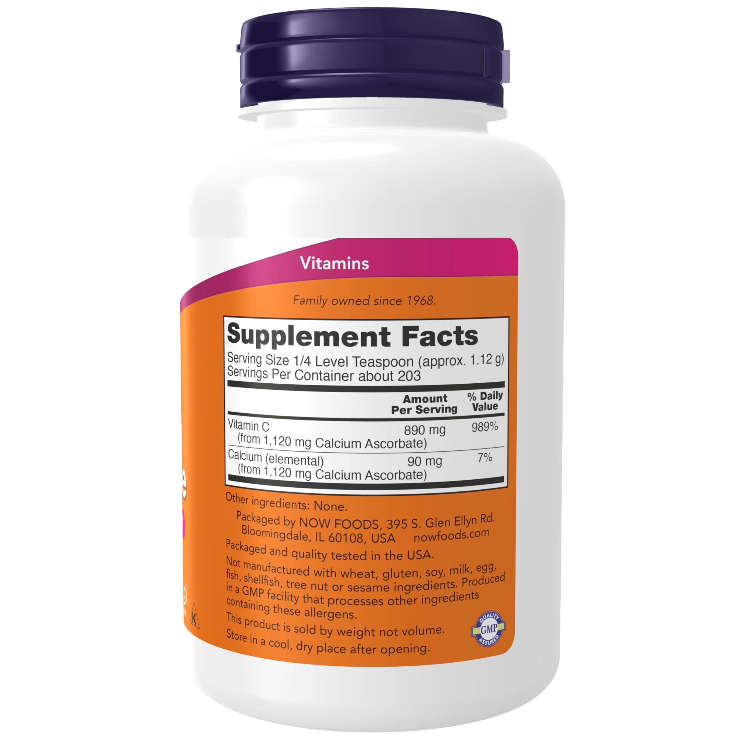 NOW Foods Calcium Ascorbate Vitamin C Powder back view with supplement facts