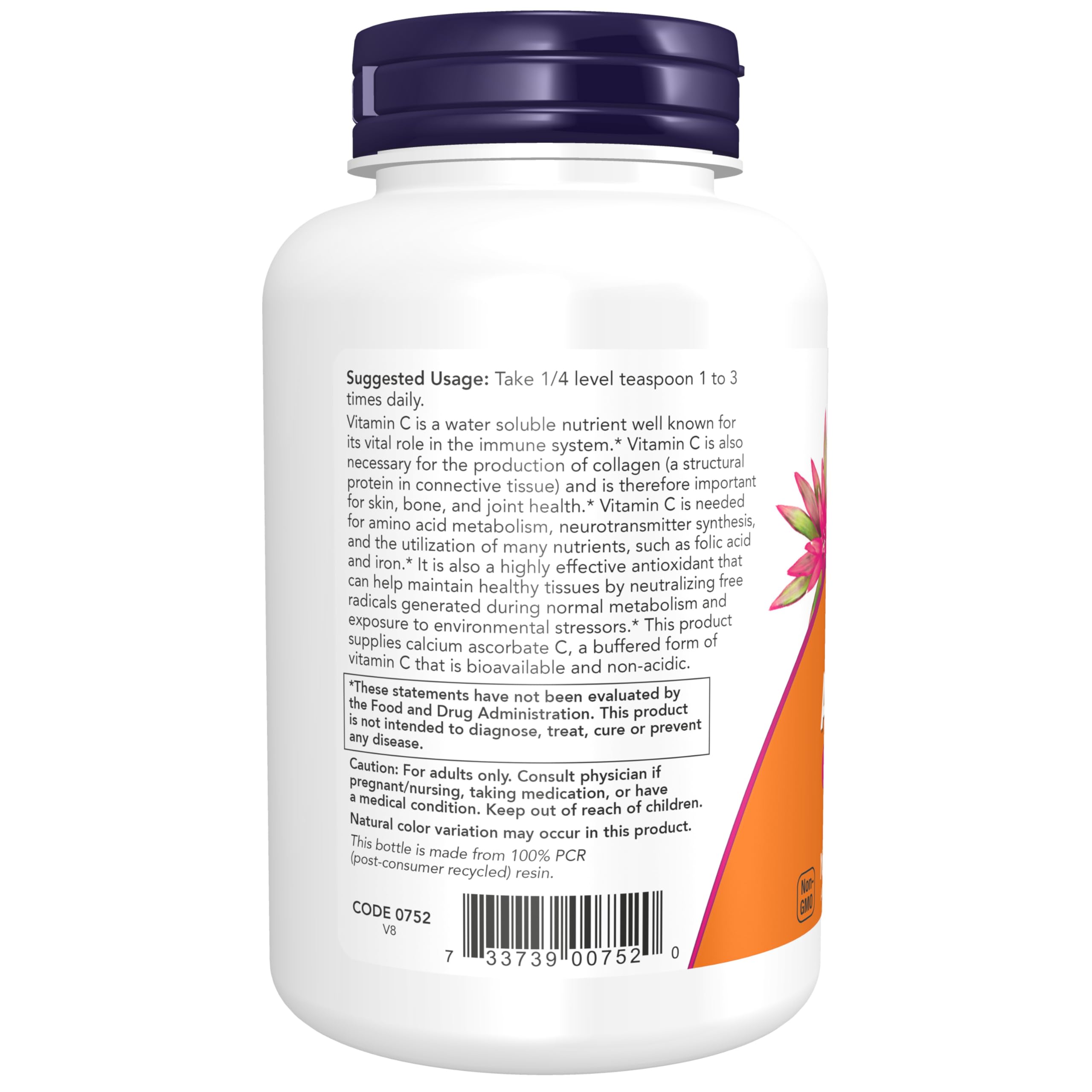 NOW Foods Calcium Ascorbate Vitamin C Powder side view
