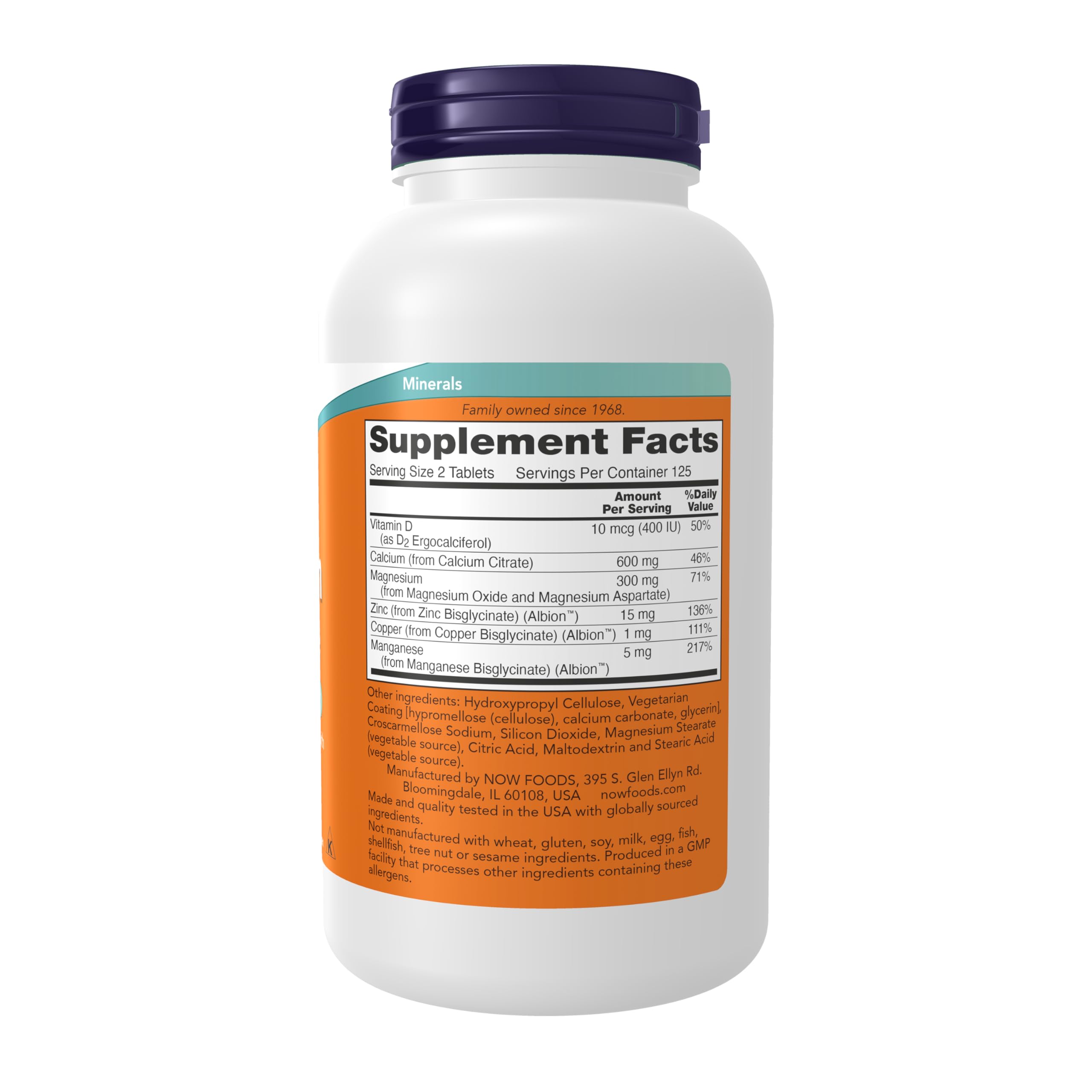 NOW Foods Calcium Citrate 600mg Tablets back view with supplement facts