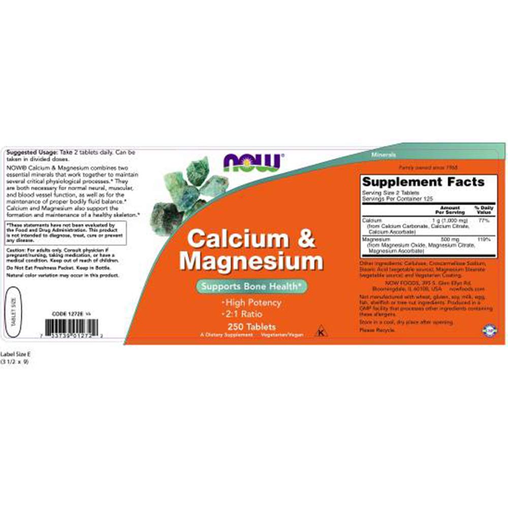NOW Foods Calcium & Magnesium 250 tablets packaging side view