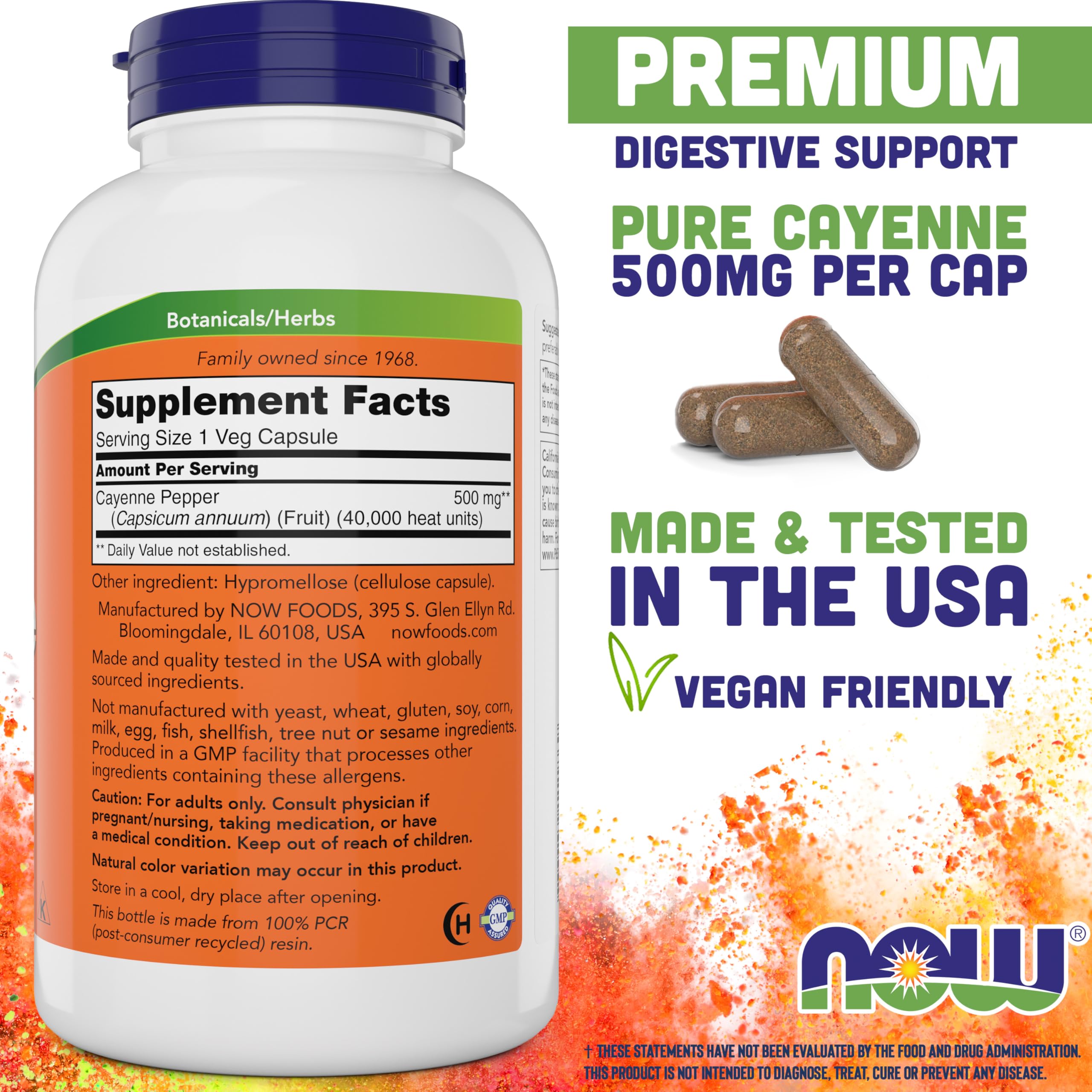 NOW Foods Cayenne 500 mg Veg Capsules side view