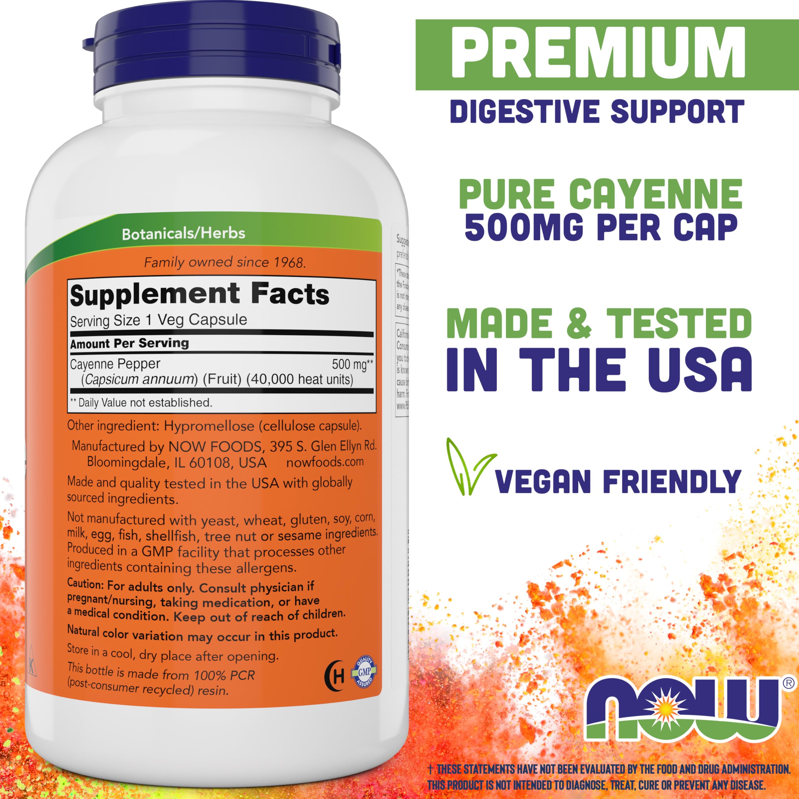 NOW Foods Cayenne Pepper 500 mg 360 Veg Capsules side view