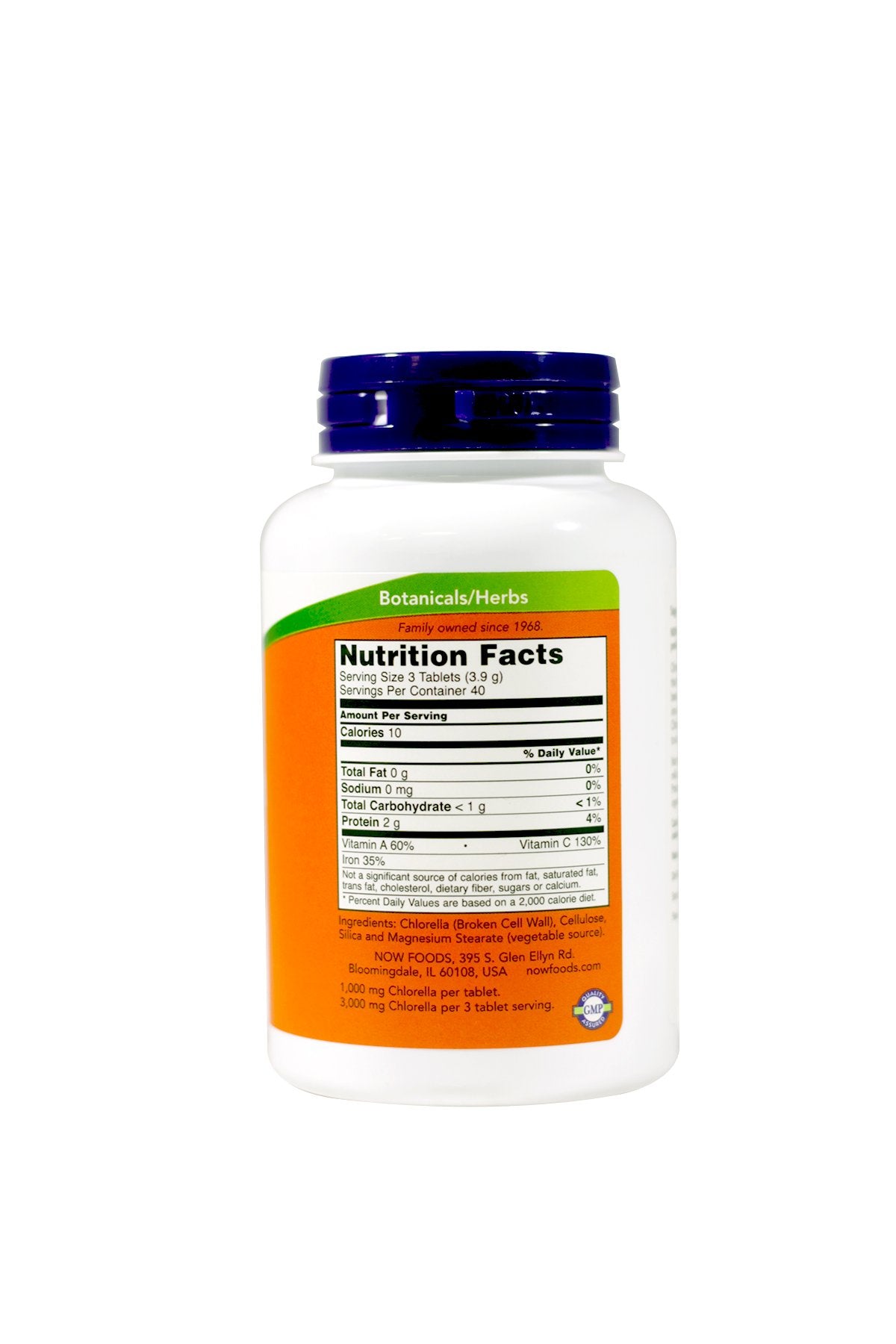 NOW Foods Chlorella 120 Tablets side view