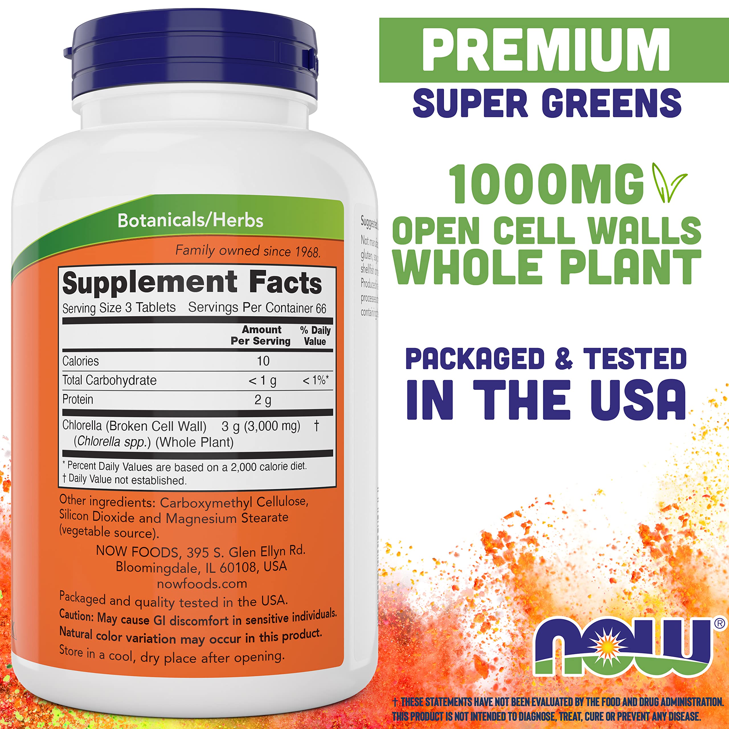 NOW Foods Chlorella Supplement 200 Tablets side view