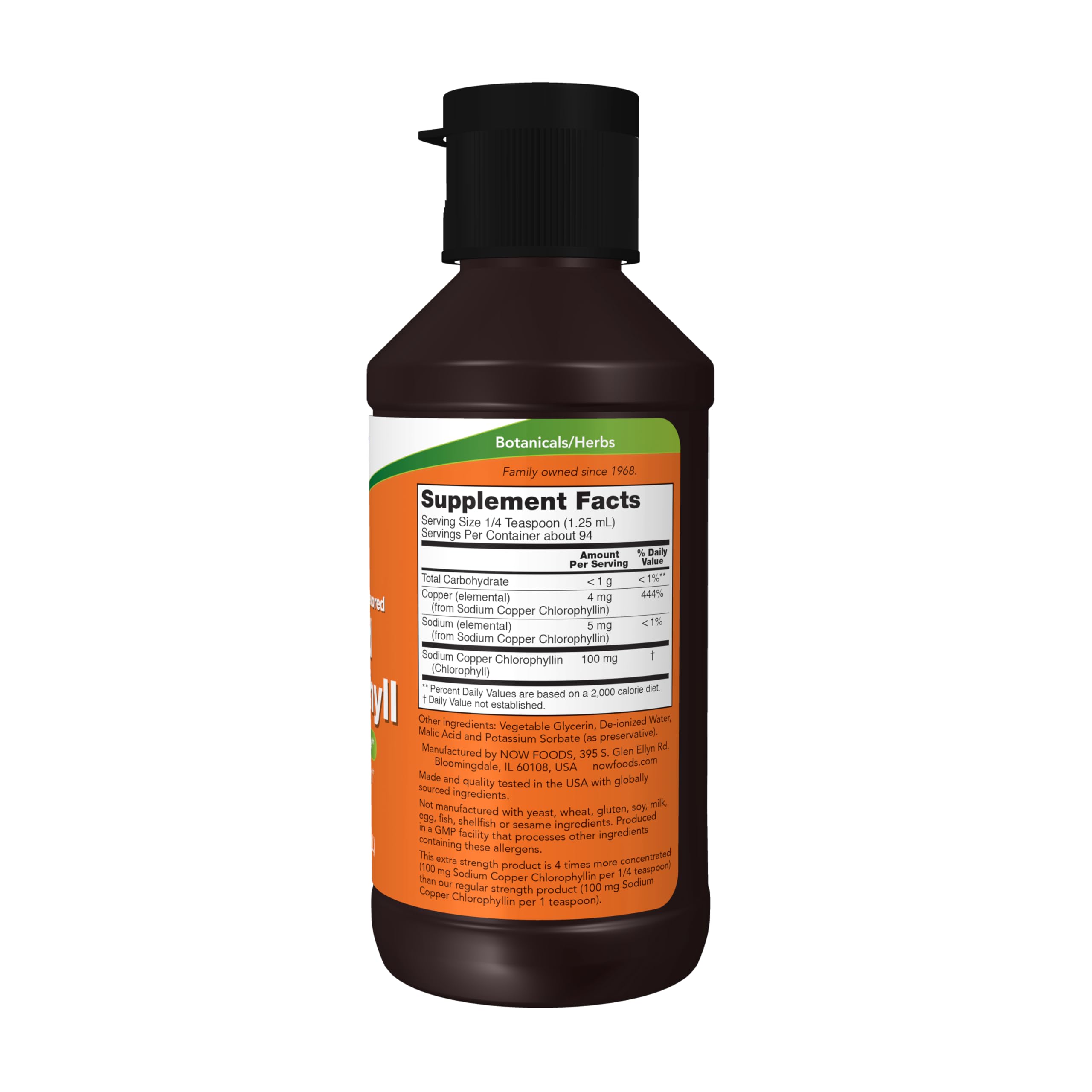 NOW Foods Chlorophyll Liquid Concentrate 4X back view, ingredient details