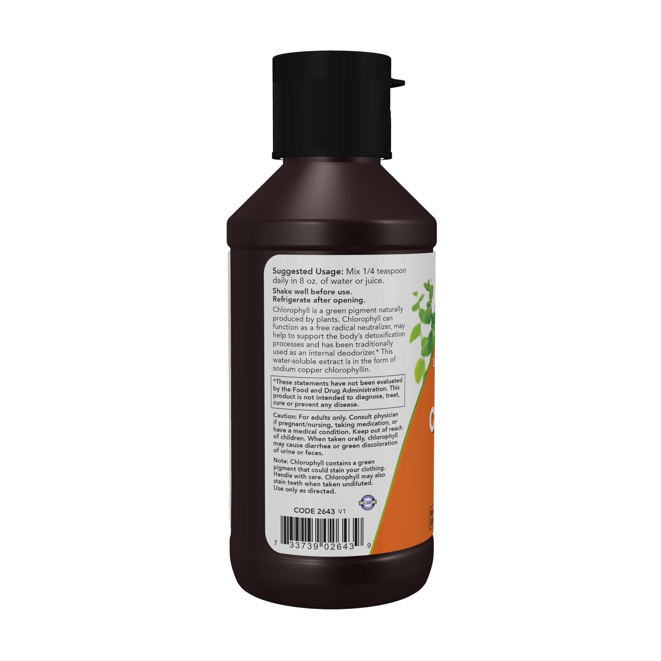 NOW Foods Chlorophyll Liquid Concentrate 4X side view, dosage instructions
