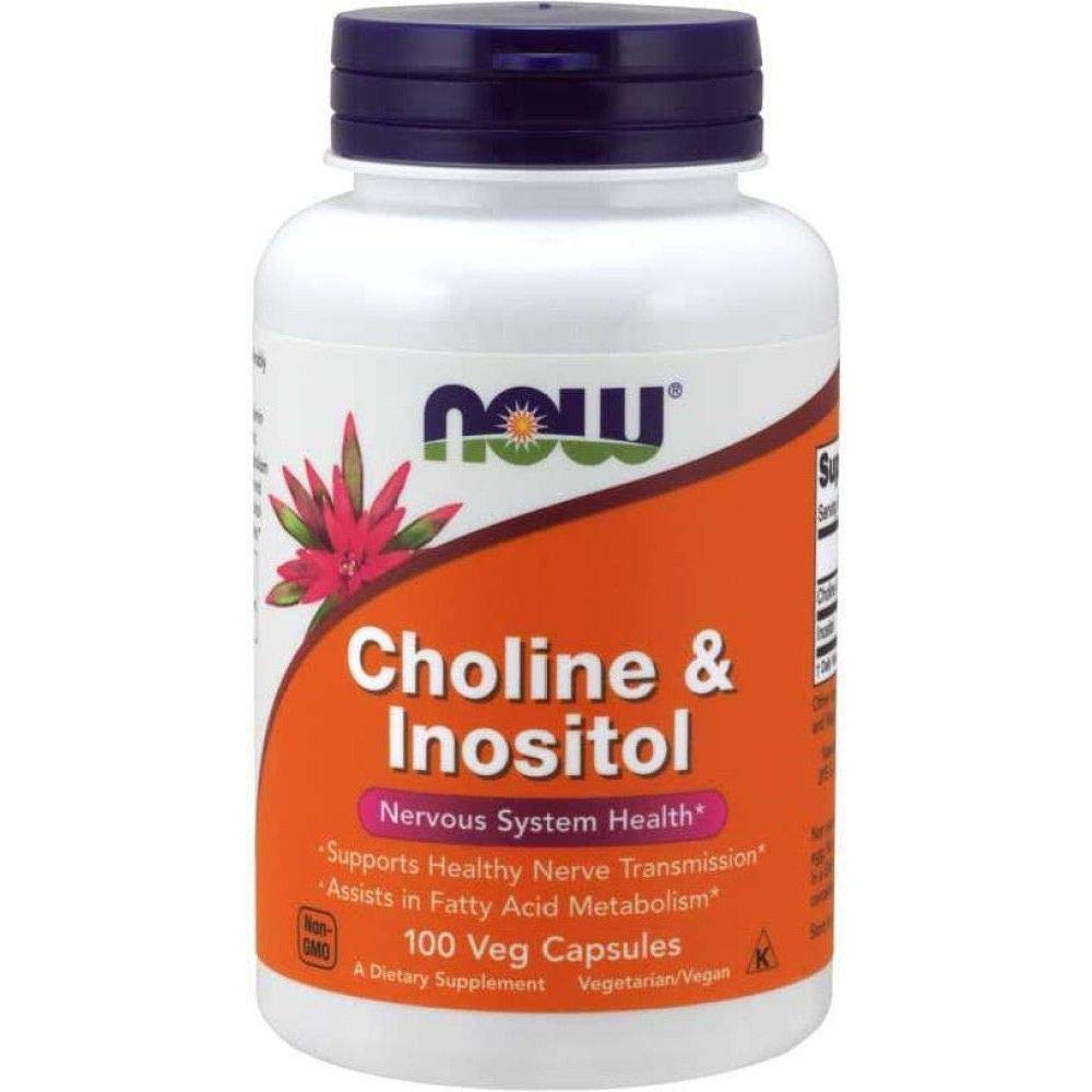 NOW Foods Choline & Inositol Capsules on a wooden table