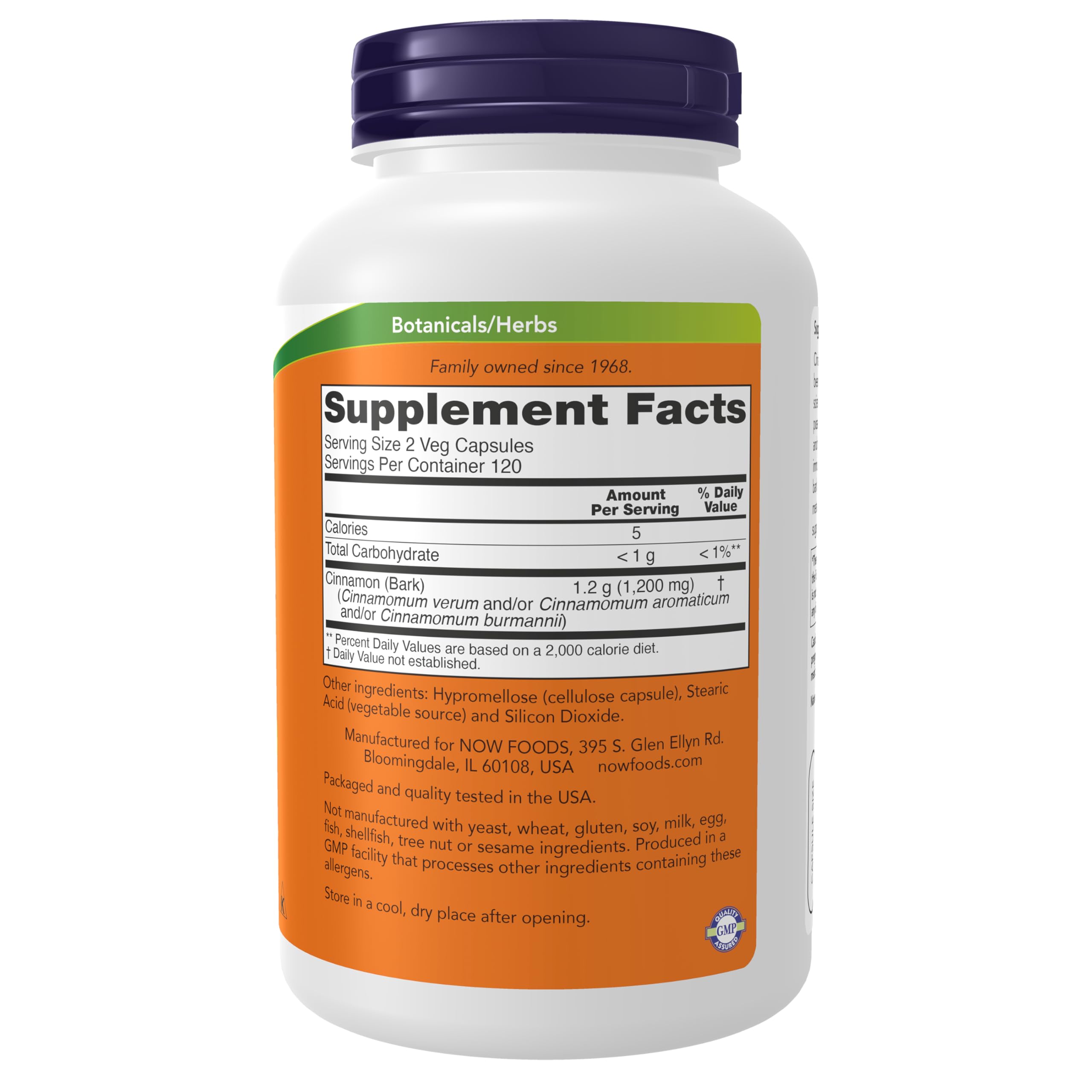 NOW Foods Cinnamon Bark Supplement 227g back view with ingredient list