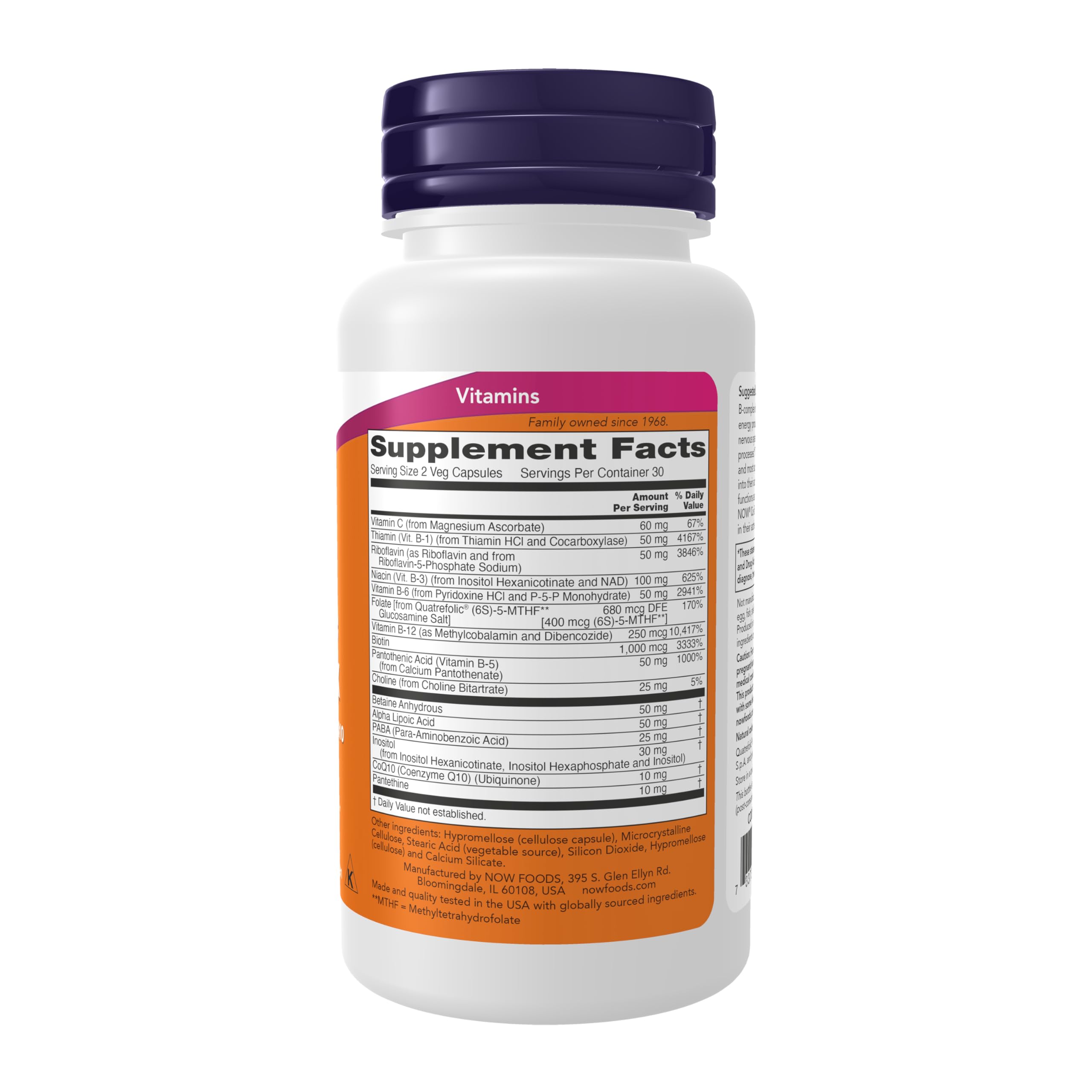 NOW Foods Co-Enzyme B-Complex 30 Veg Capsules side view
