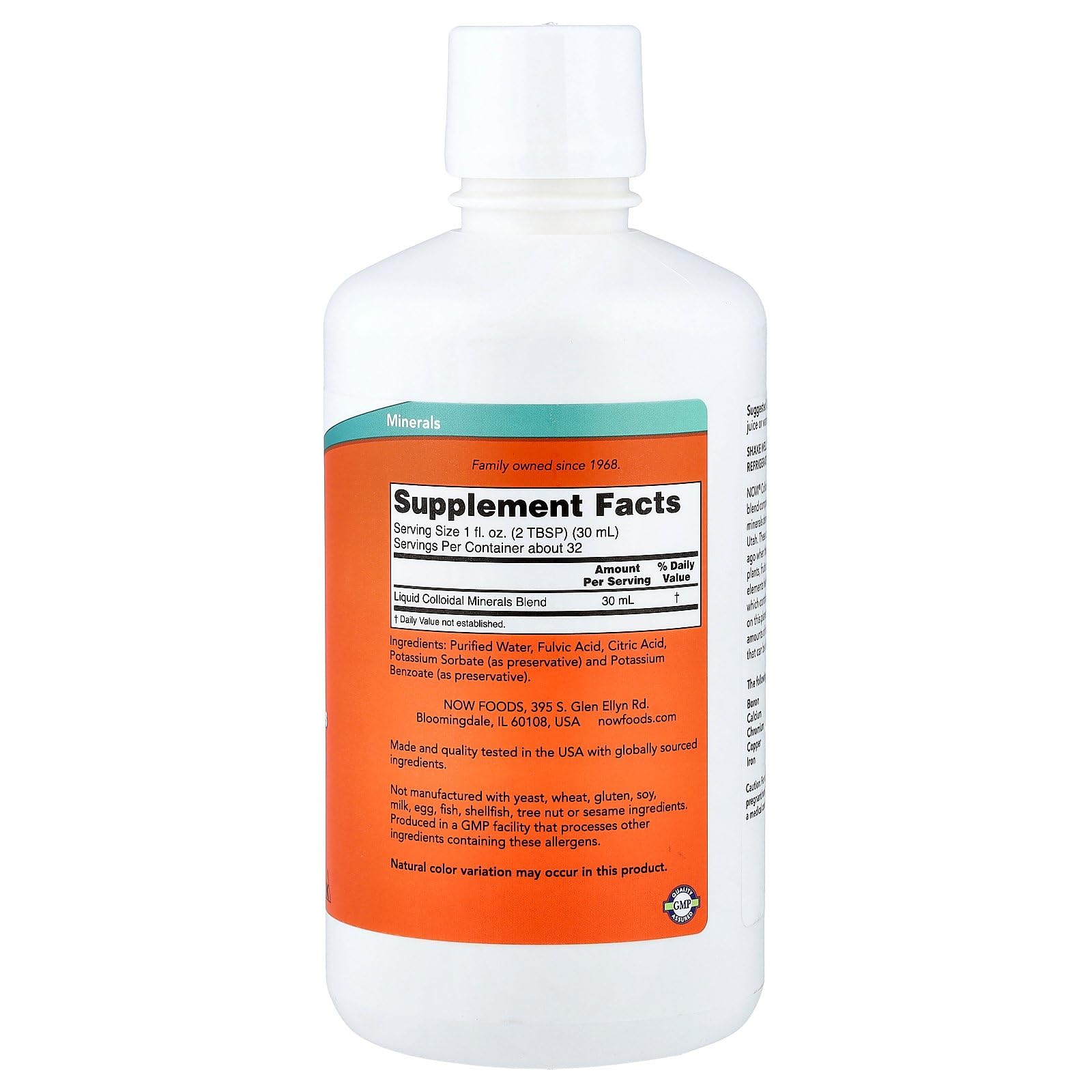 NOW Foods Colloidal Minerals 300g back view with ingredients