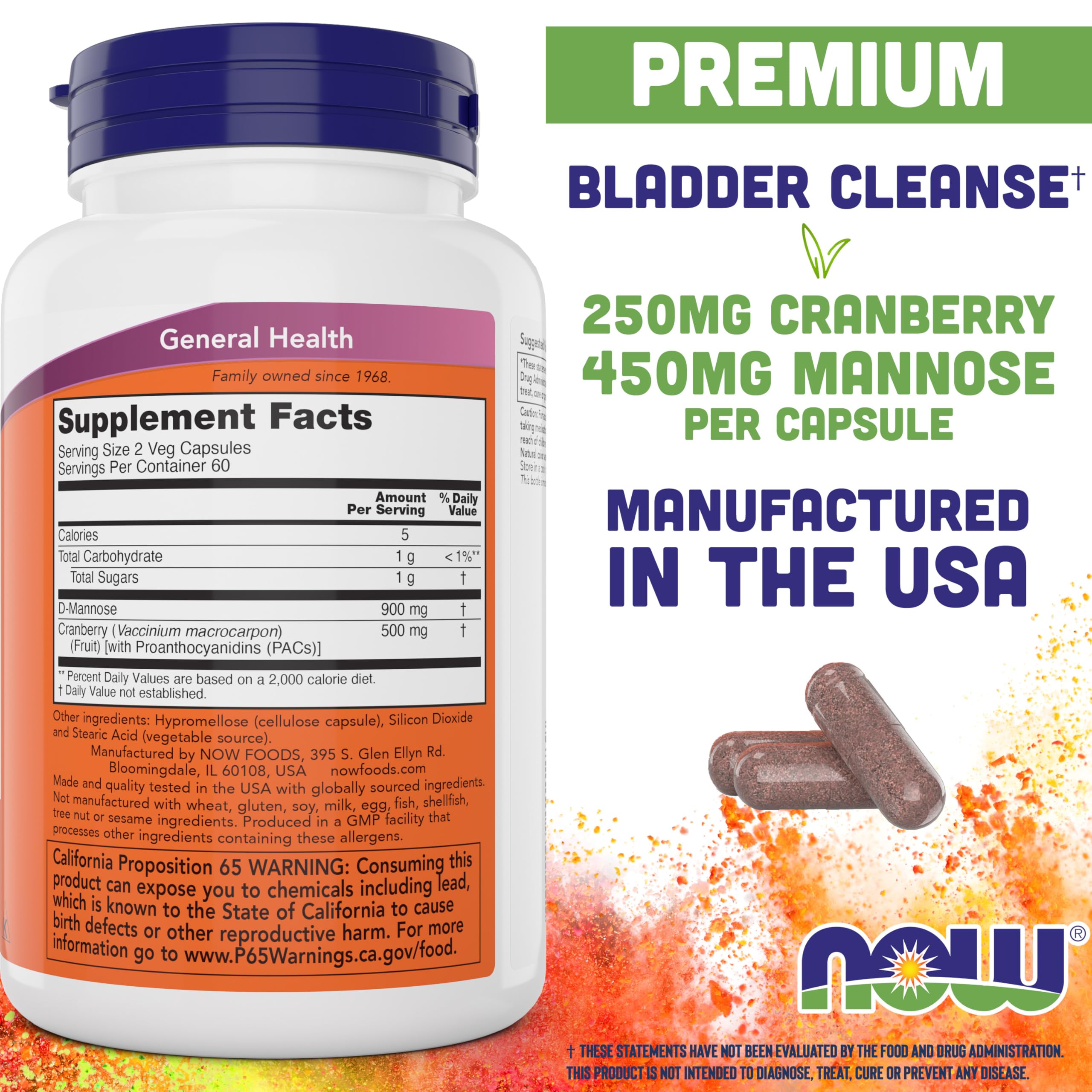 NOW Foods Cranberry Mannose Capsules bottle side view