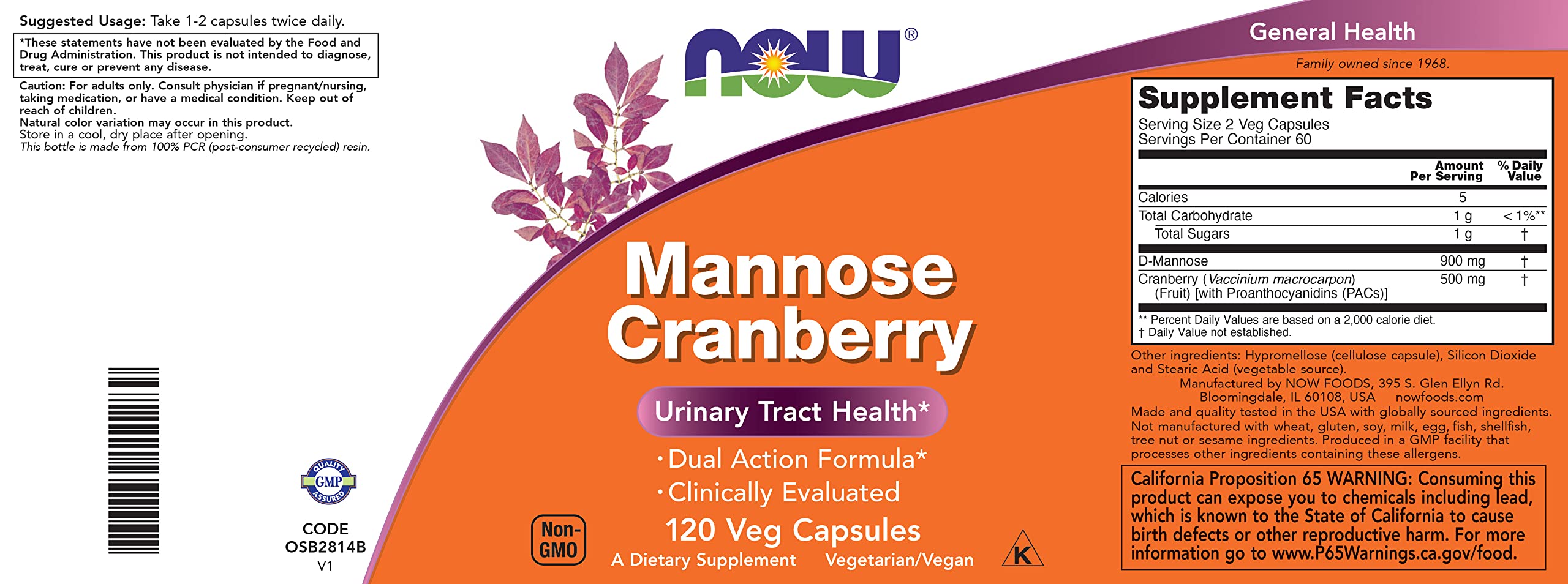 NOW Foods Cranberry Mannose Capsules with a measuring spoon