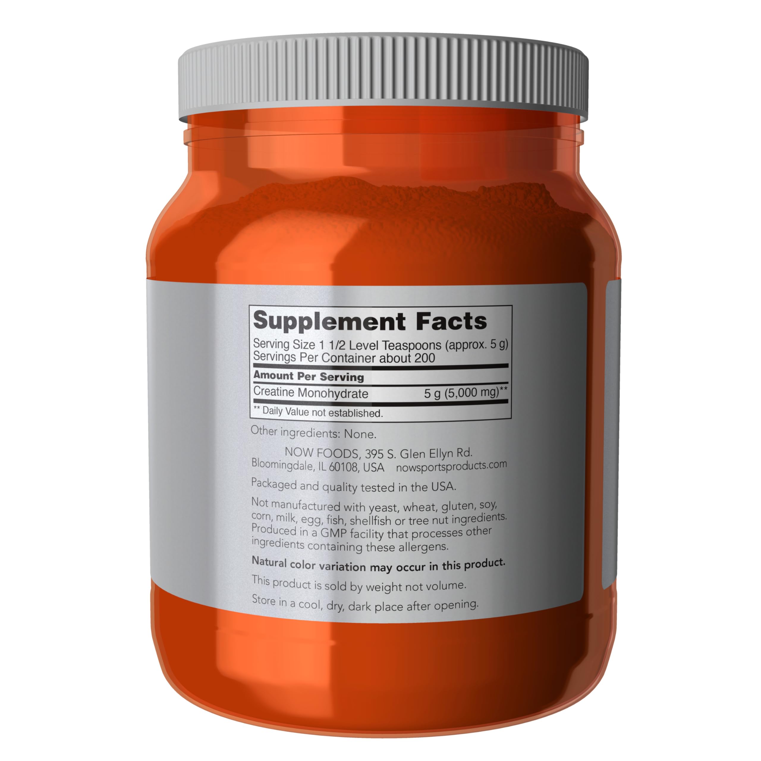NOW Foods Creatine Monohydrate 1152g back view with nutritional information