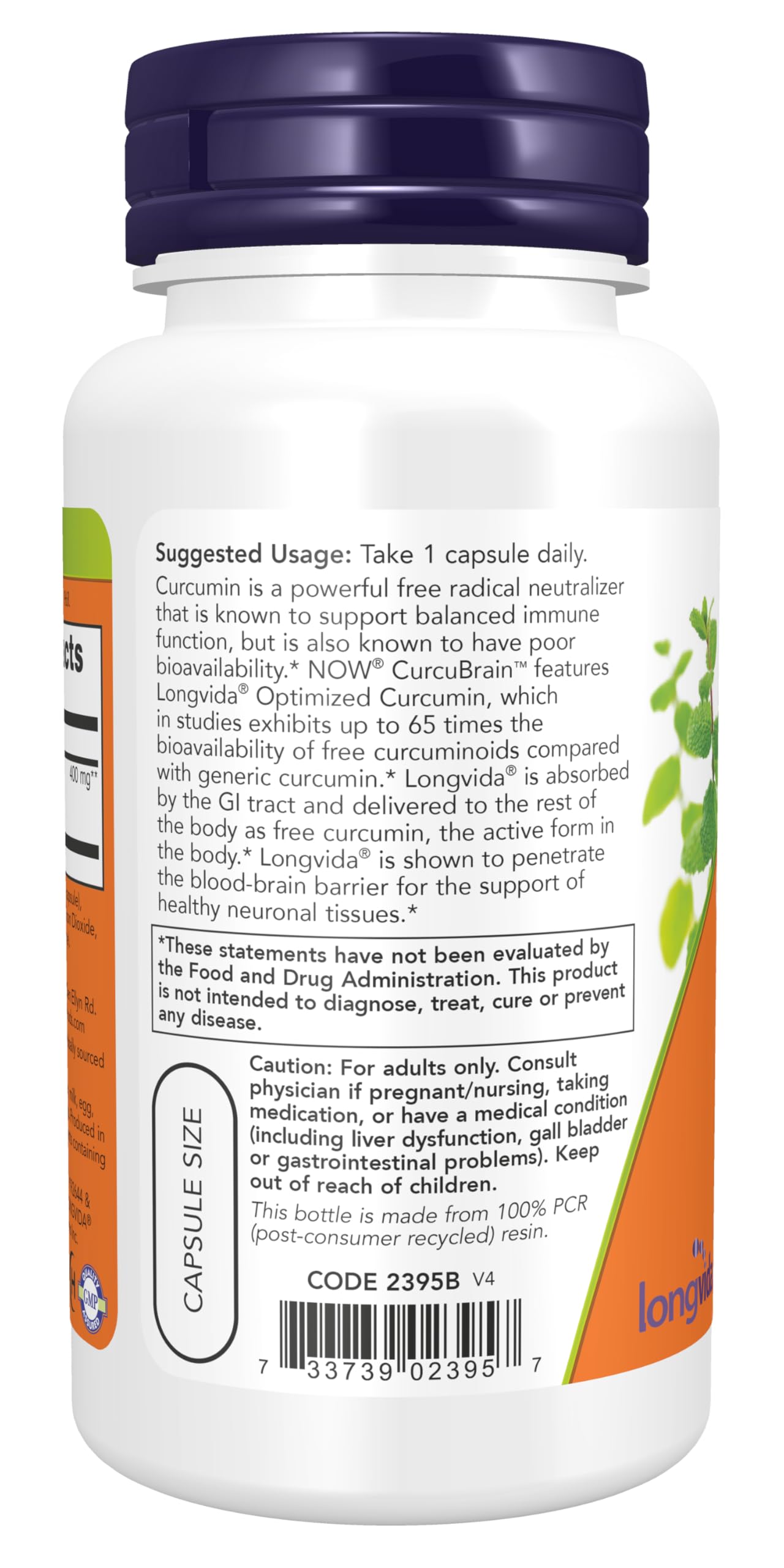 NOW Foods CurcuBrain Longvida Optimized Curcumin 400mg capsule close-up