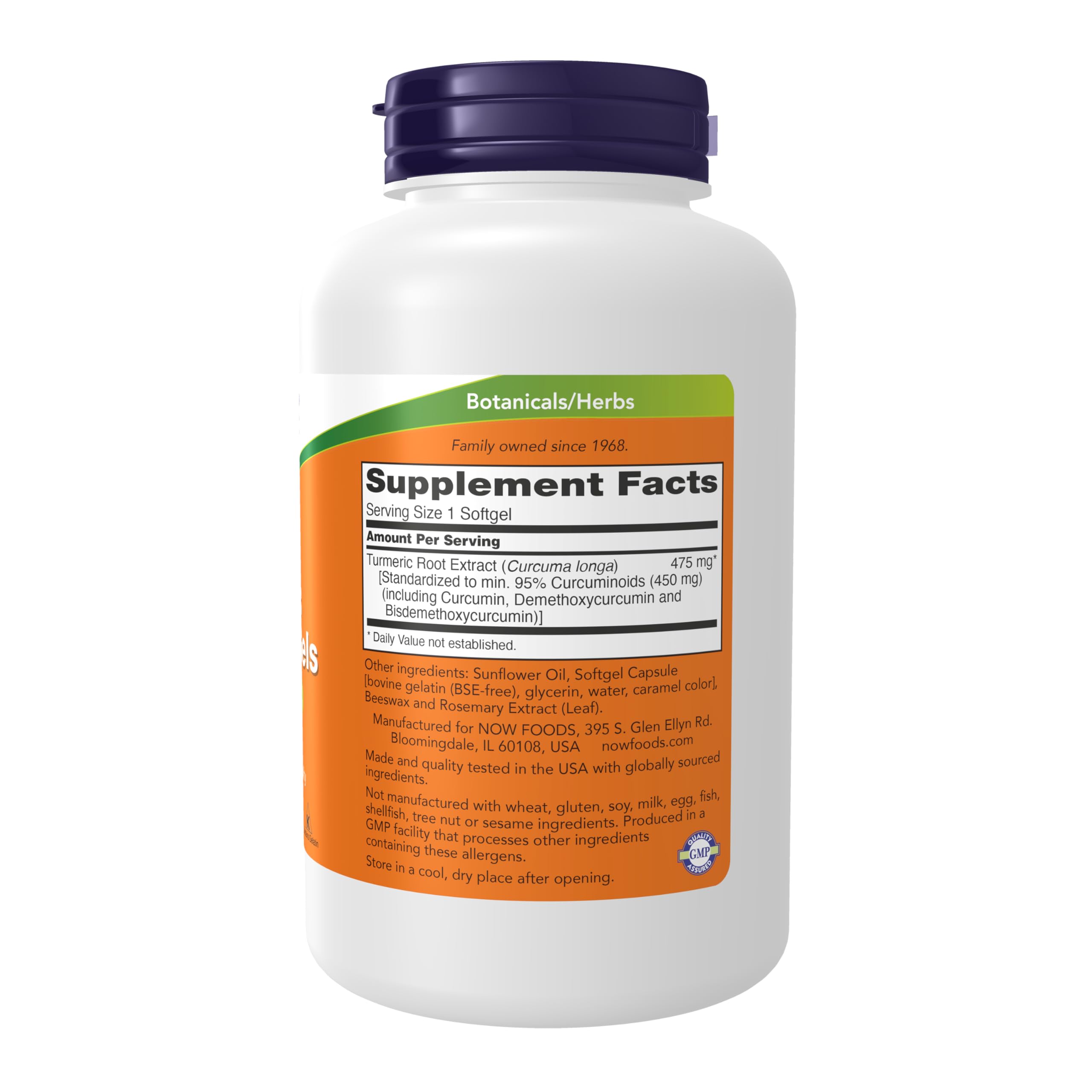 NOW Foods Curcumin Softgels 120g back view with ingredients