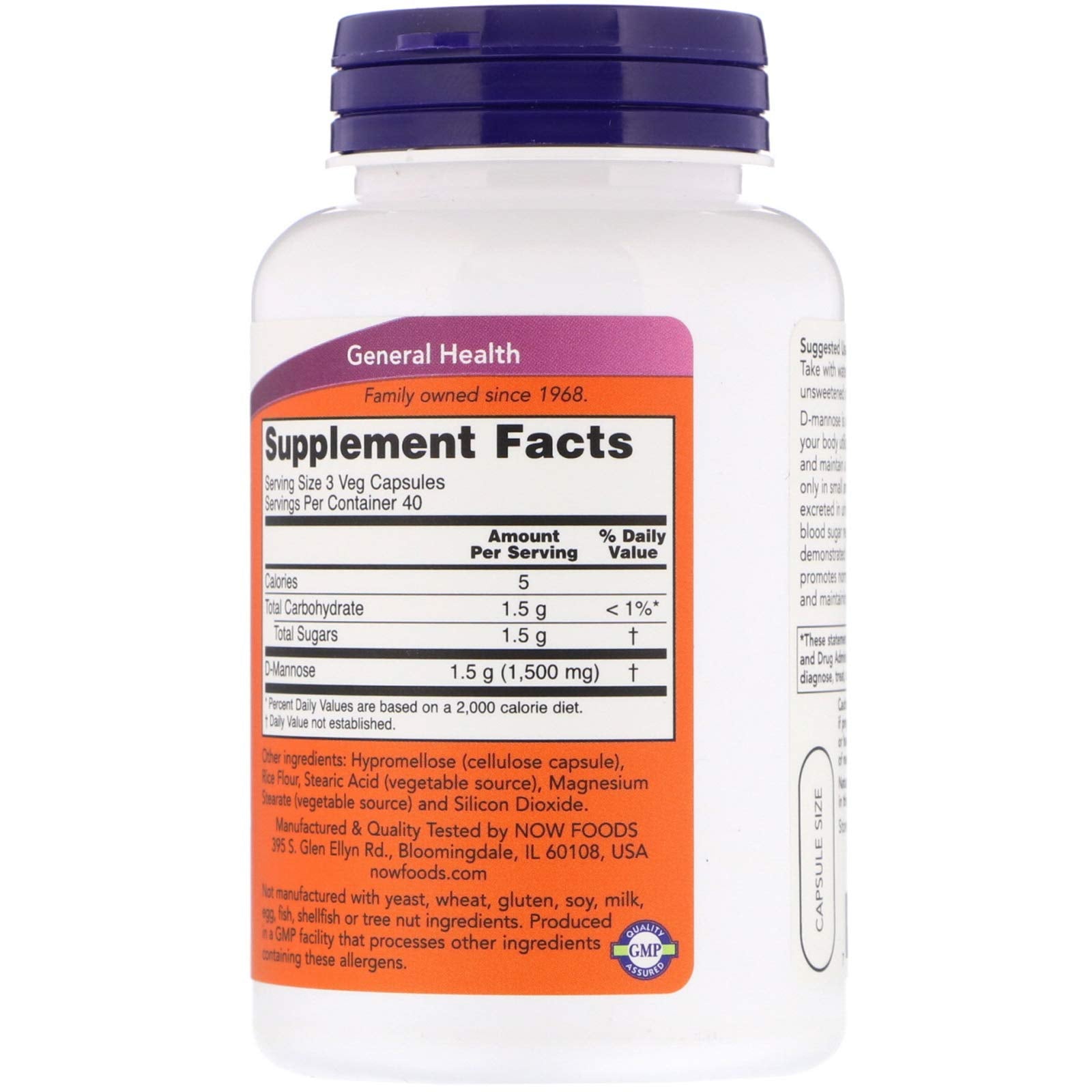 NOW Foods D-Mannose 254g capsules side view with ingredients list