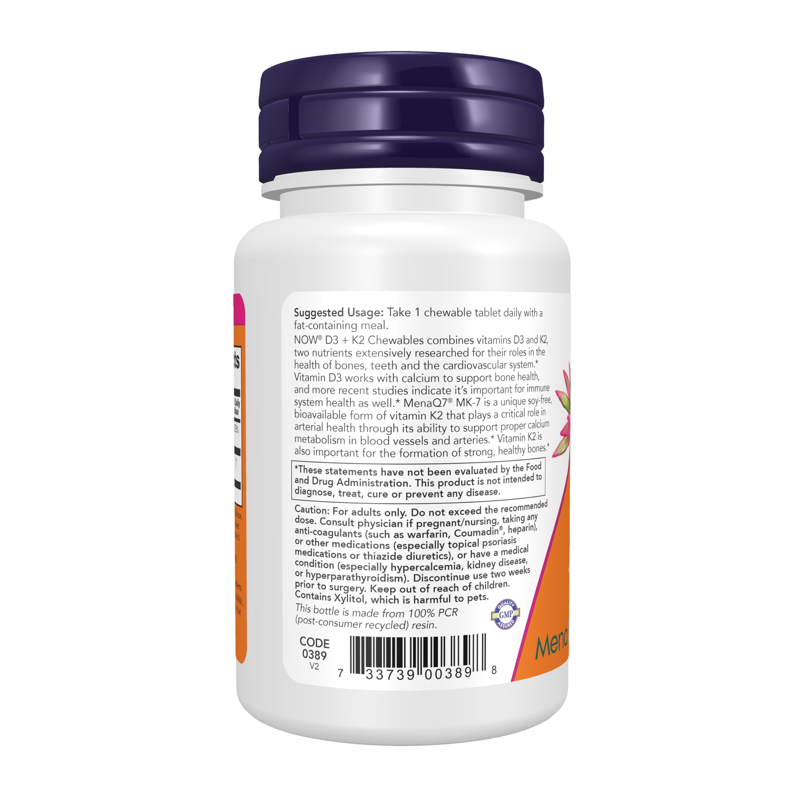 NOW Foods D3 + K2 Capsules side view with dosage details