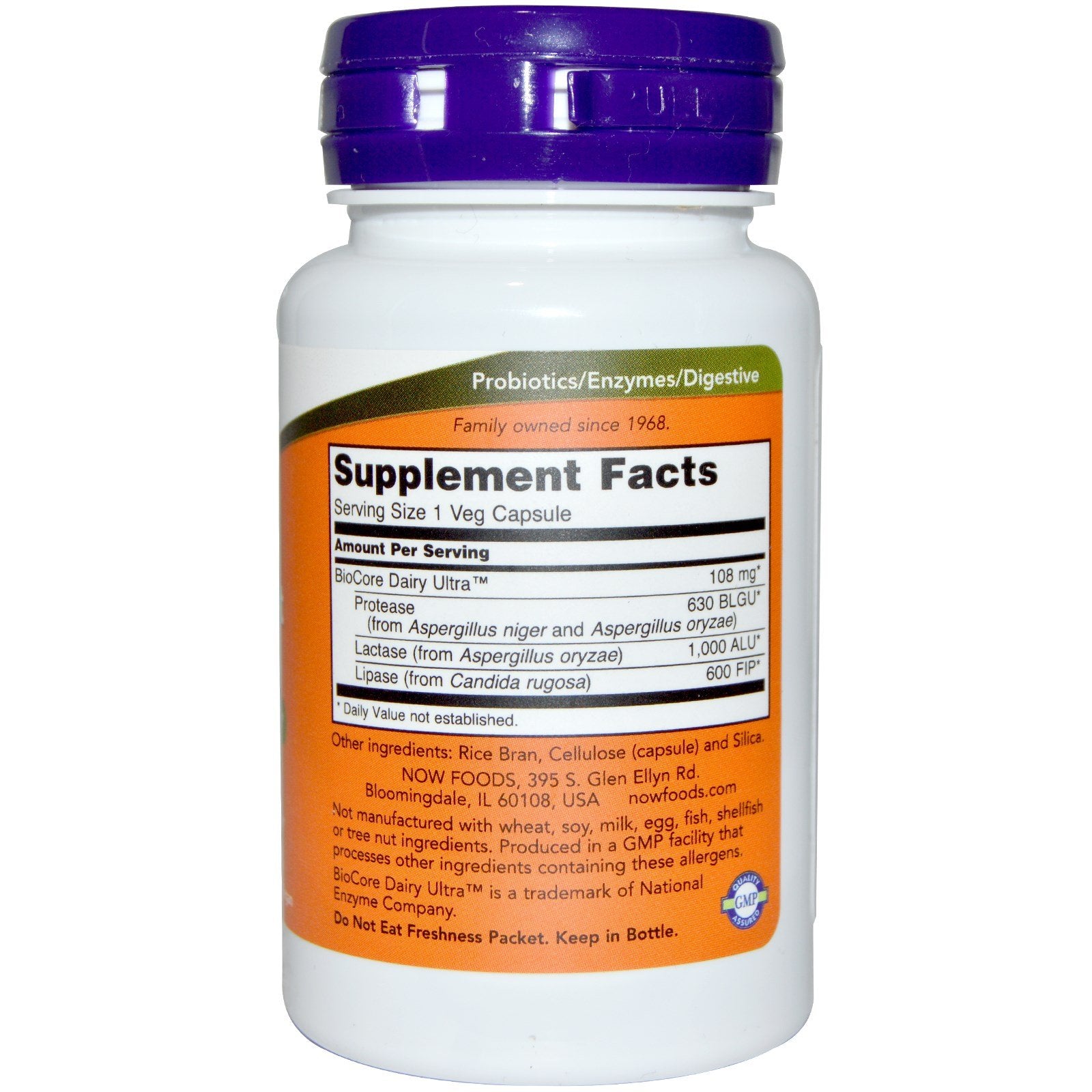 NOW Foods Dairy daily Complete Multi-Enzyme bottle with label
