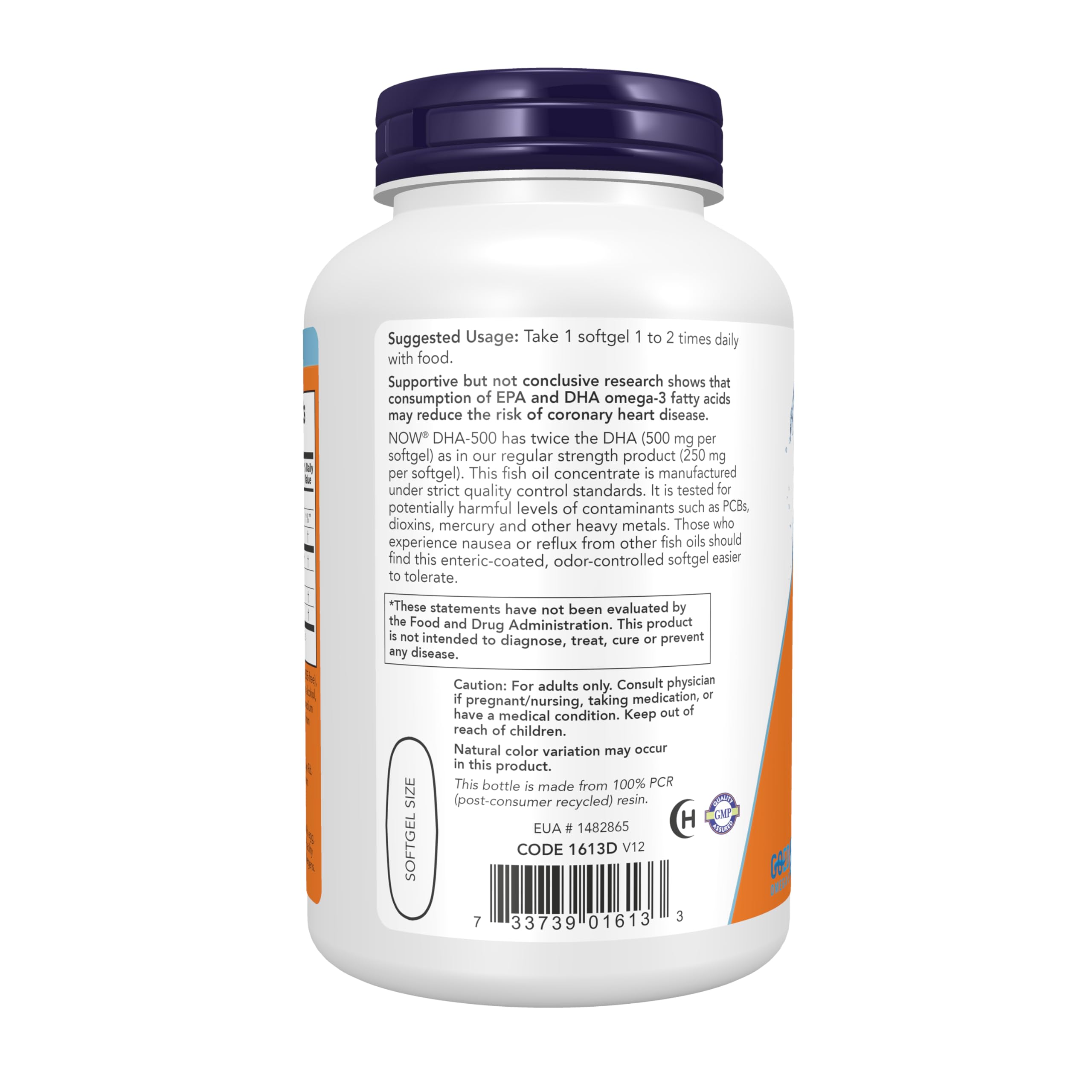 NOW Foods DHA-500 Softgels 500mg Omega-3 Fish Oil side view