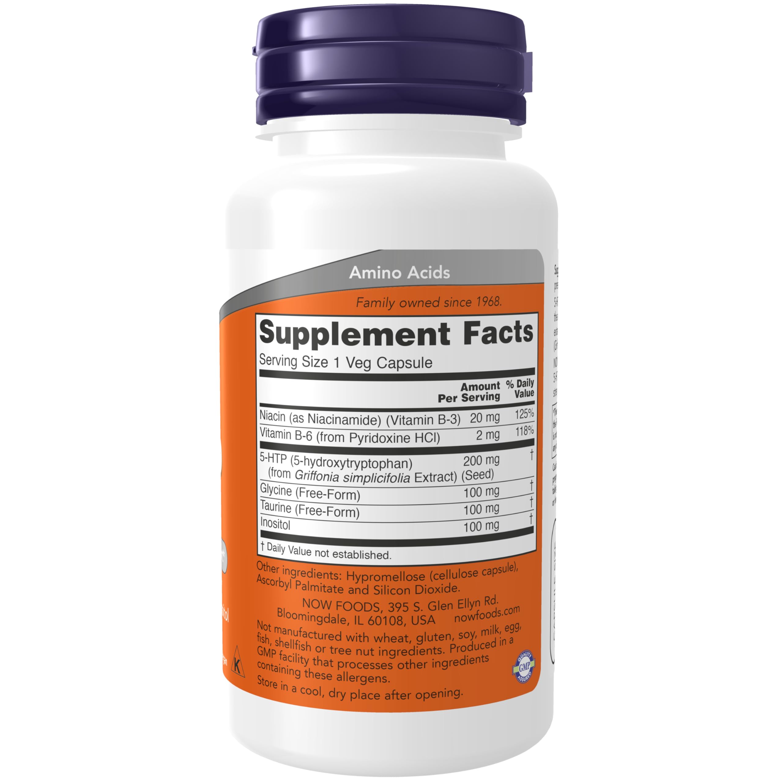 NOW Foods Double Strength 5-HTP 200mg 60 Veg Capsules side view