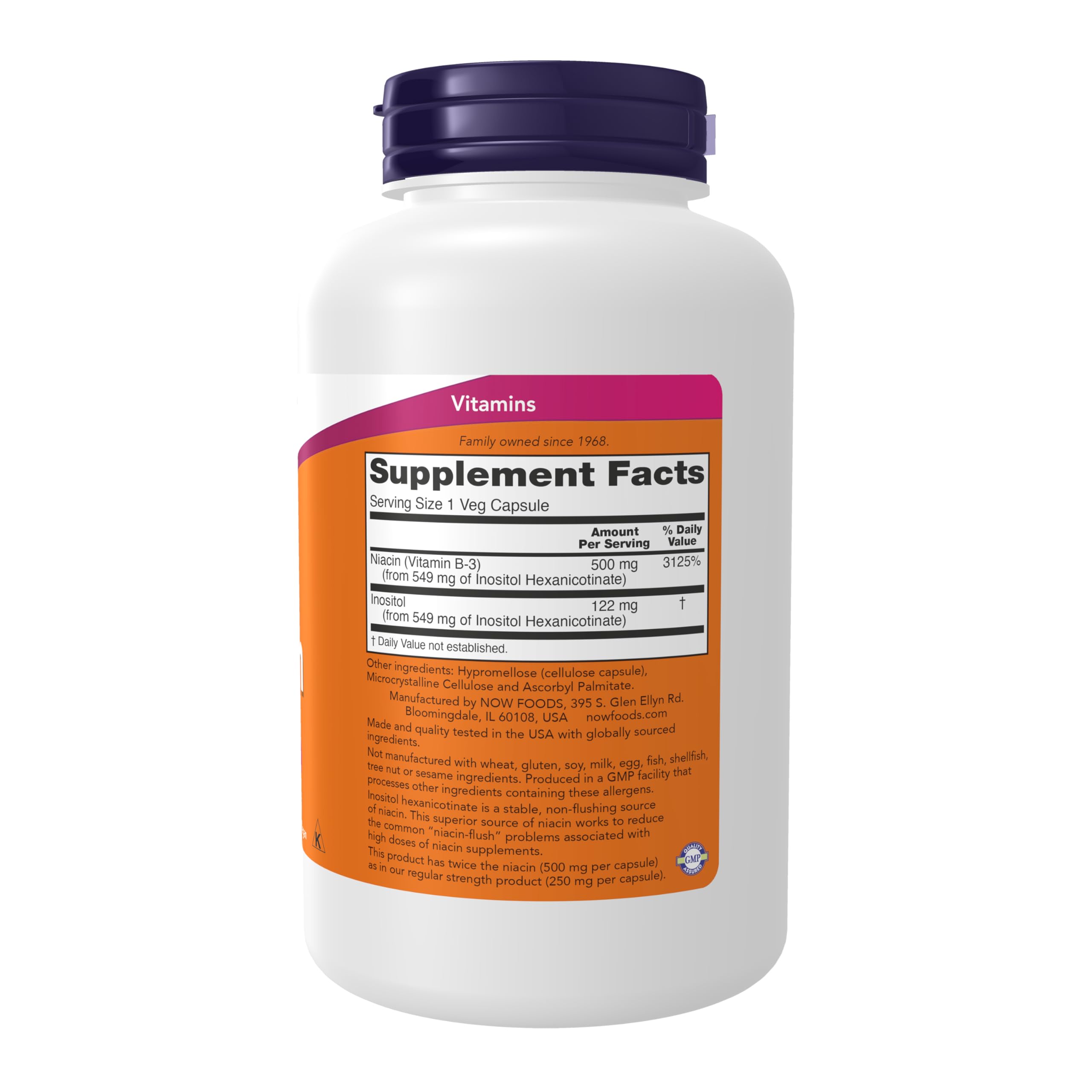 NOW Foods Double Strength Flush-Free Niacin 500mg supplement back view