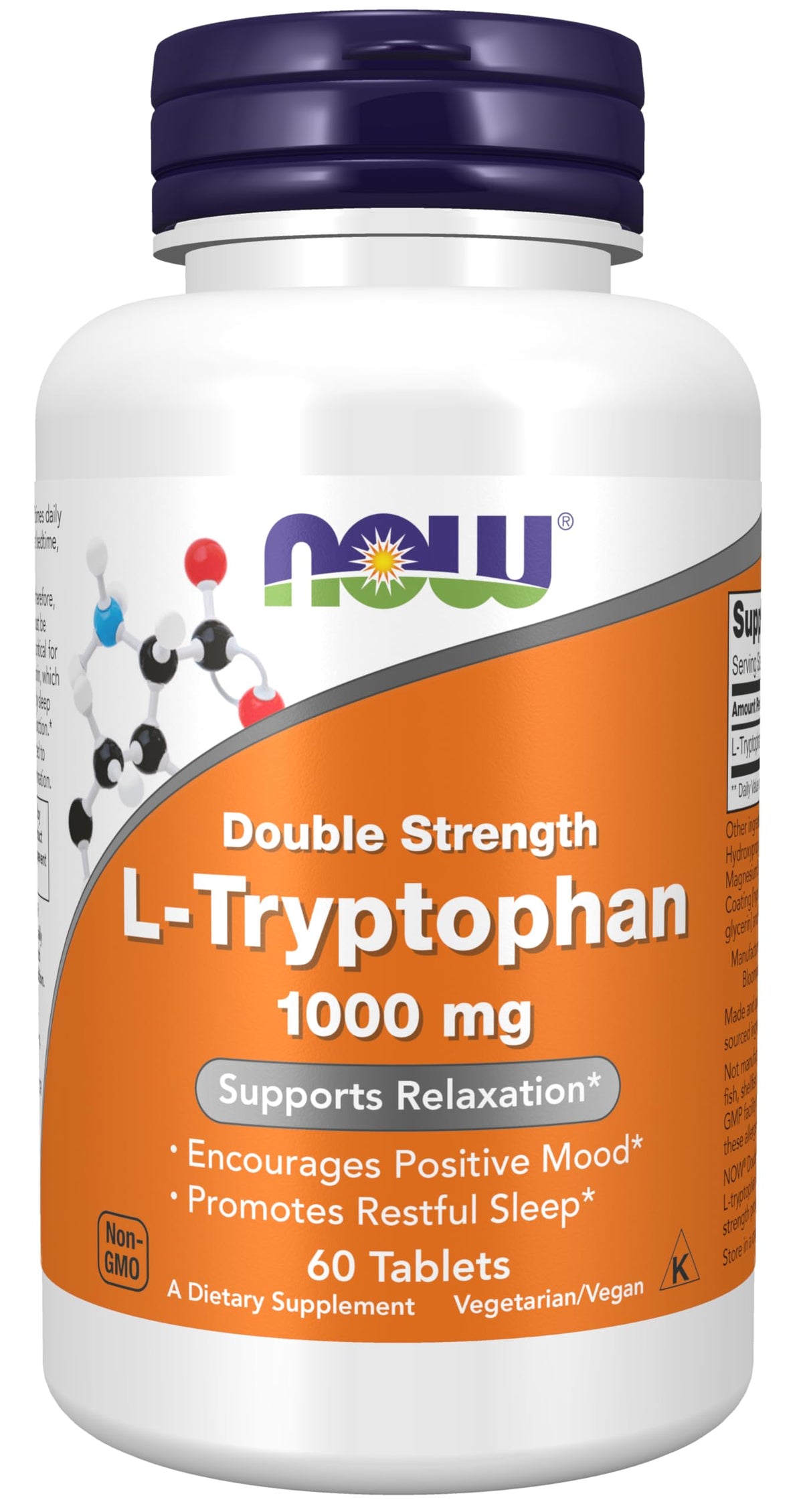 NOW Foods Double Strength L-Tryptophan 1000mg 60 Tablets front view