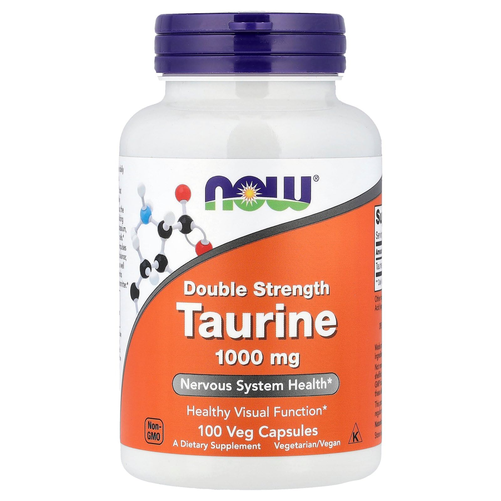 NOW Foods Double Strength Taurine 1000mg Vegan Capsules front view