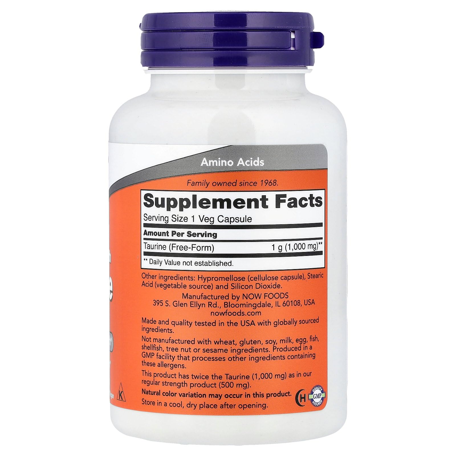 NOW Foods Double Strength Taurine 1000mg Vegan Capsules side view