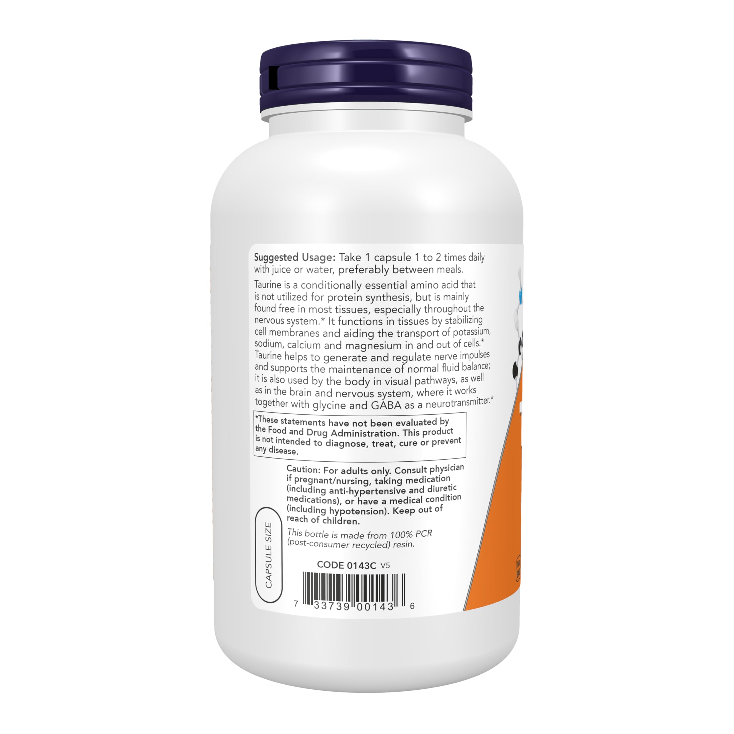 NOW Foods Double Strength Taurine 1000mg Vegan Capsules side view