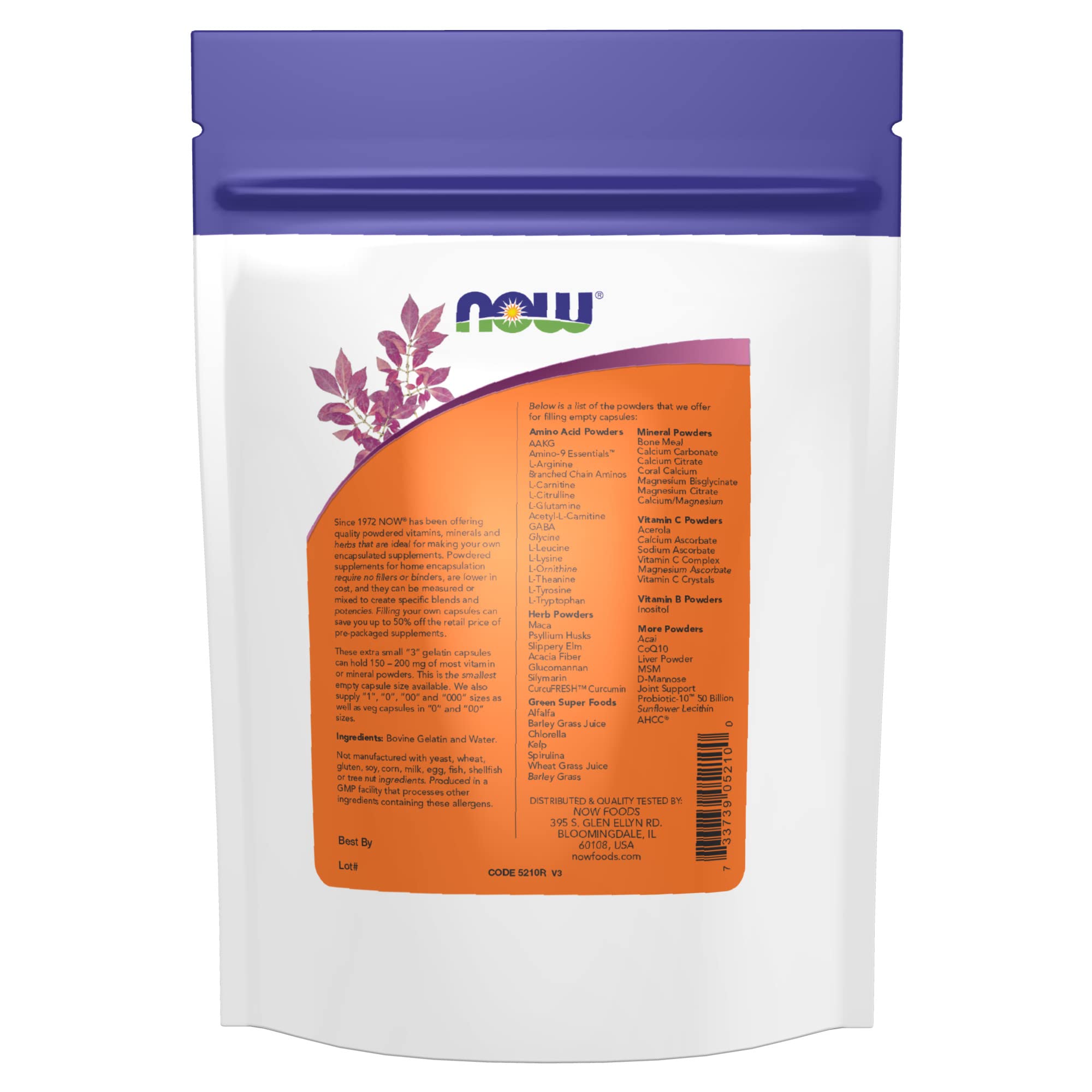 NOW Foods Empty Gelatin Capsules side view with packaging