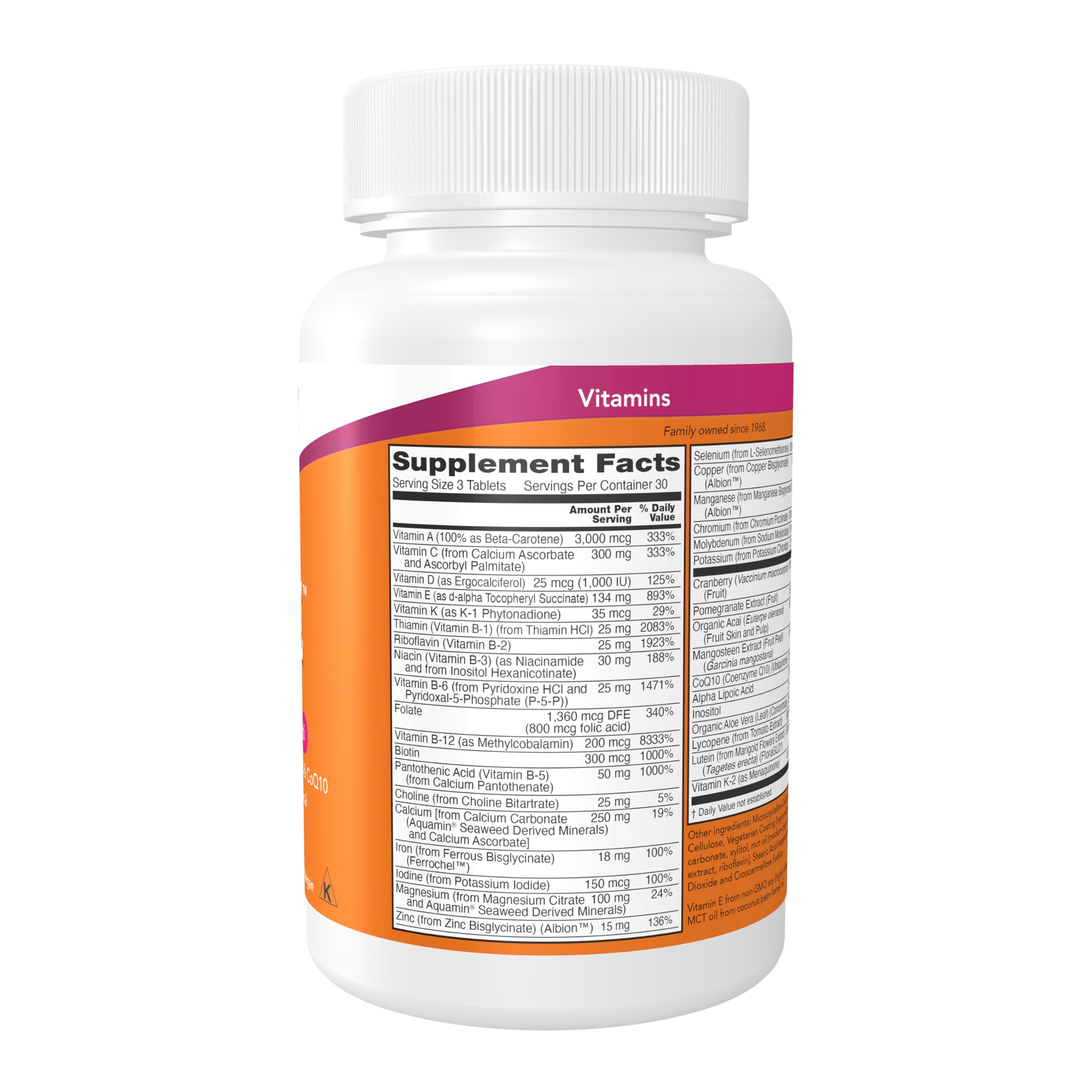 NOW Foods EVE Women's Multivitamin side view with supplement facts