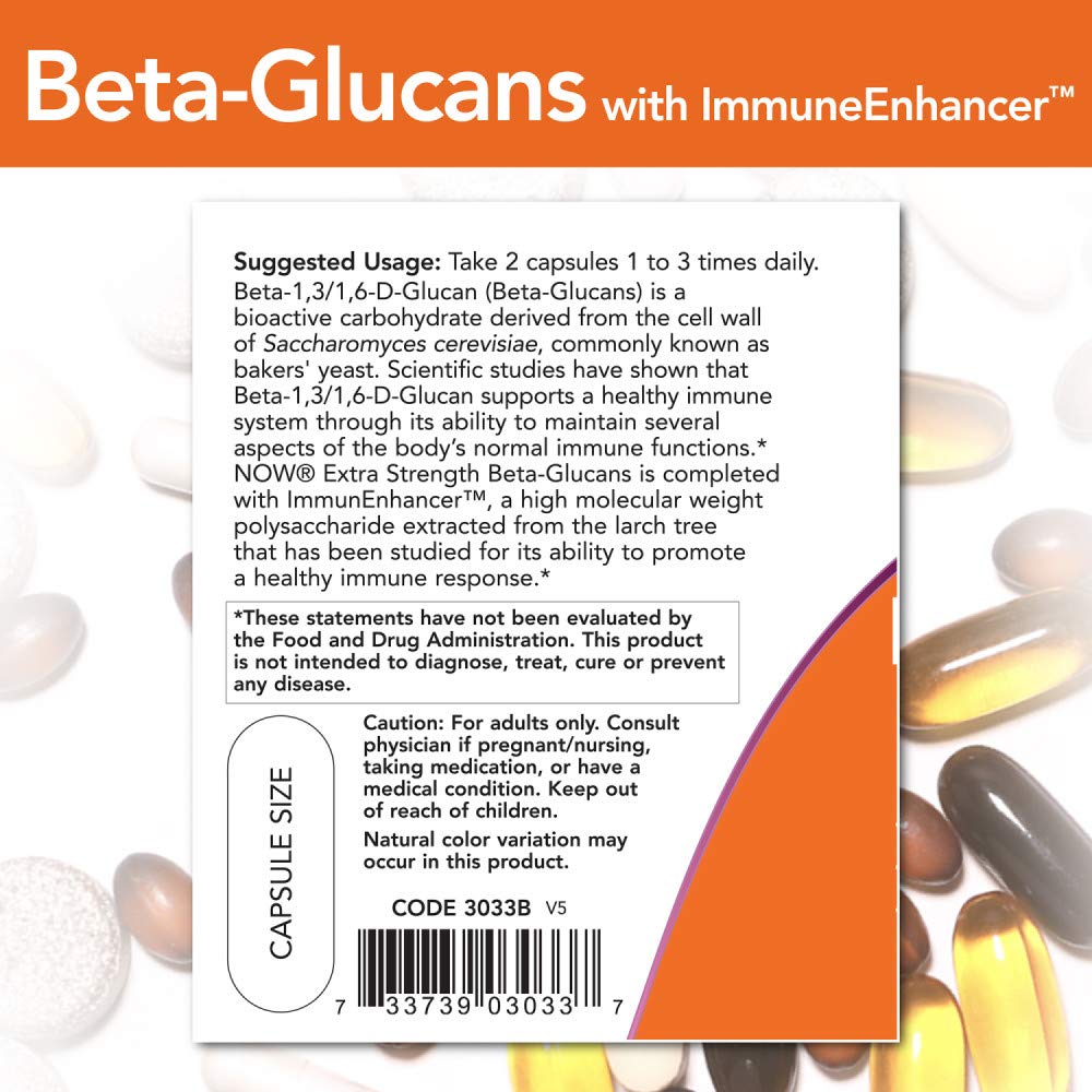 NOW Foods Extra Strength Beta-Glucans 500mg bottle with label