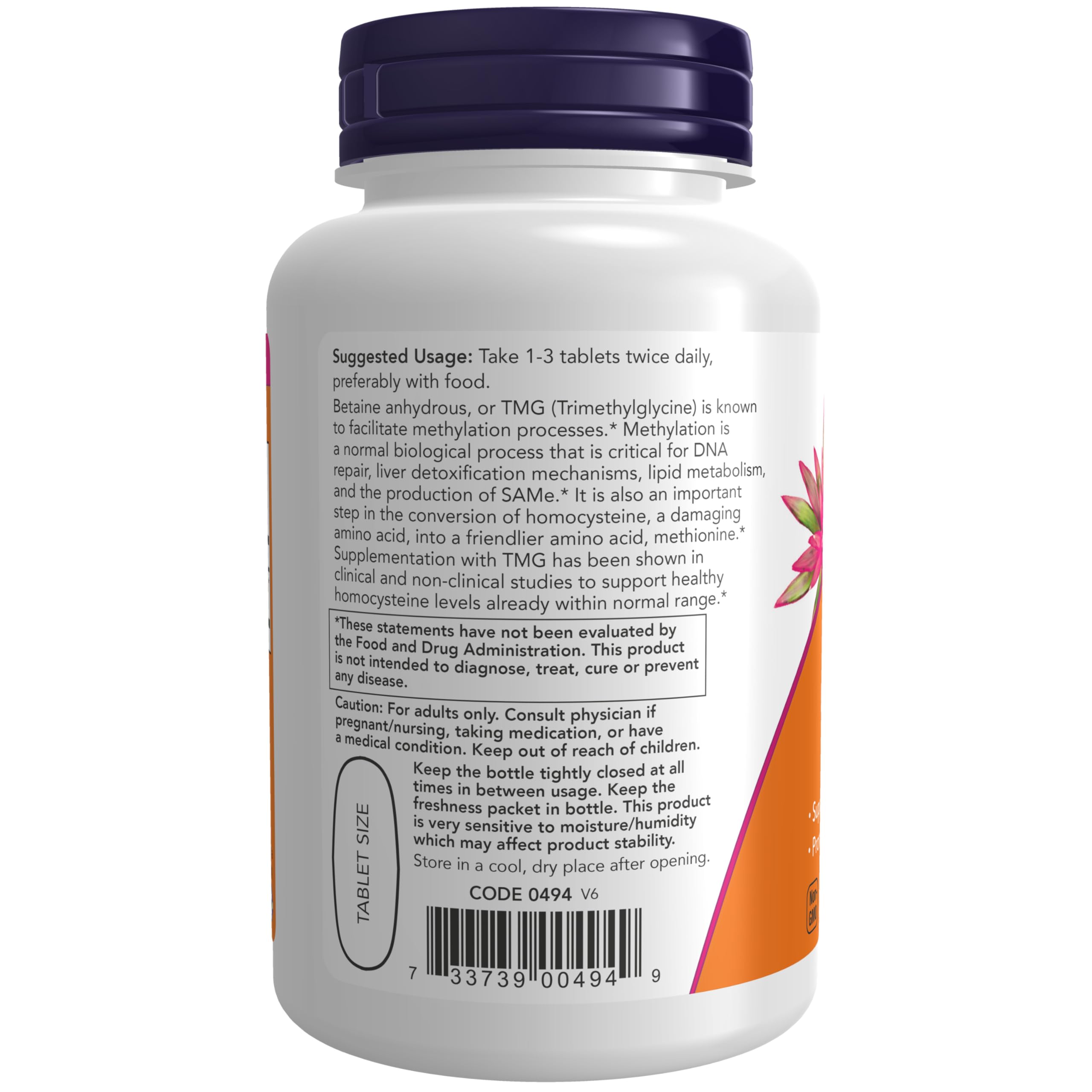 NOW Foods Extra Strength TMG 1,000 mg Tablets side view