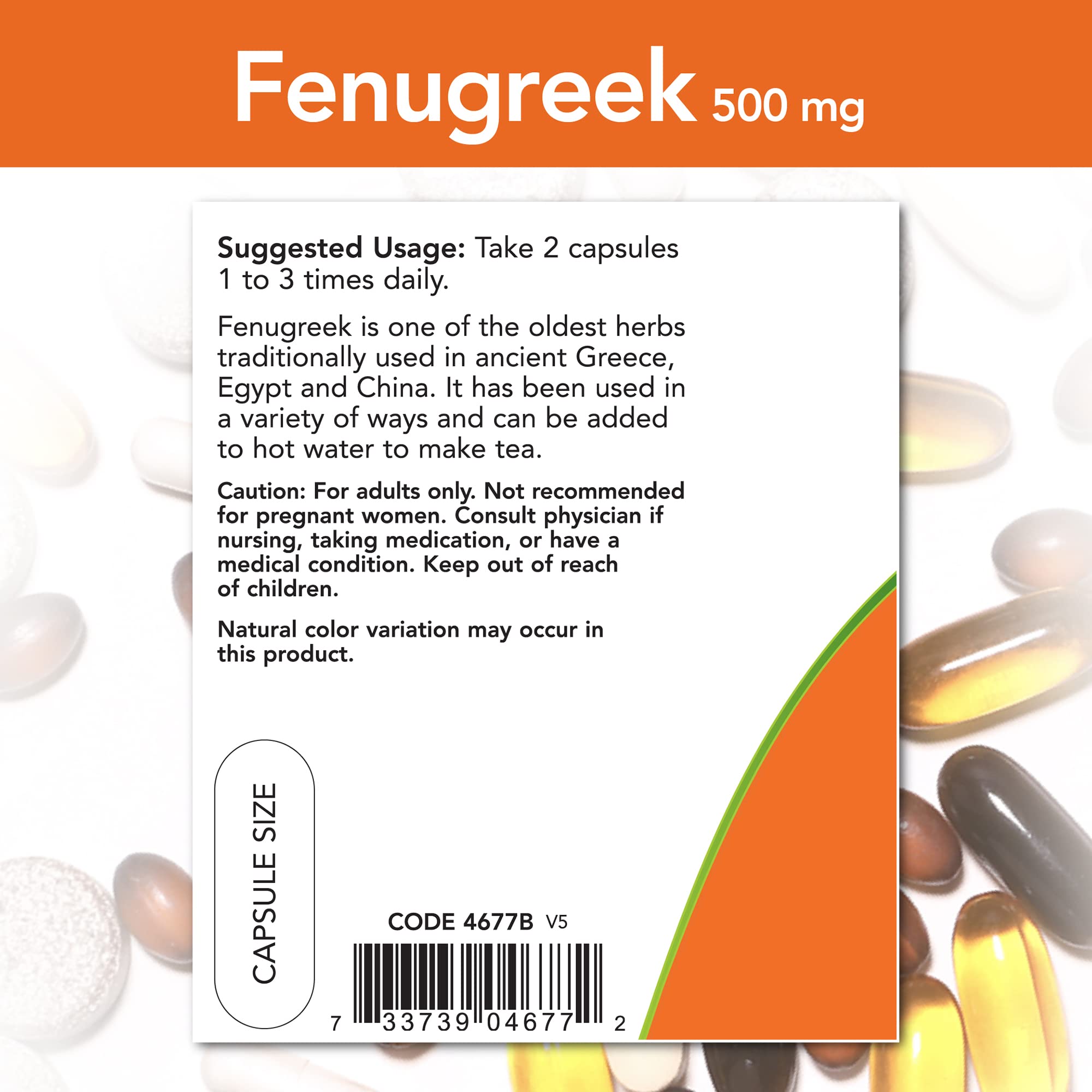 NOW Foods Fenugreek Herbal Supplement capsules on a wooden surface
