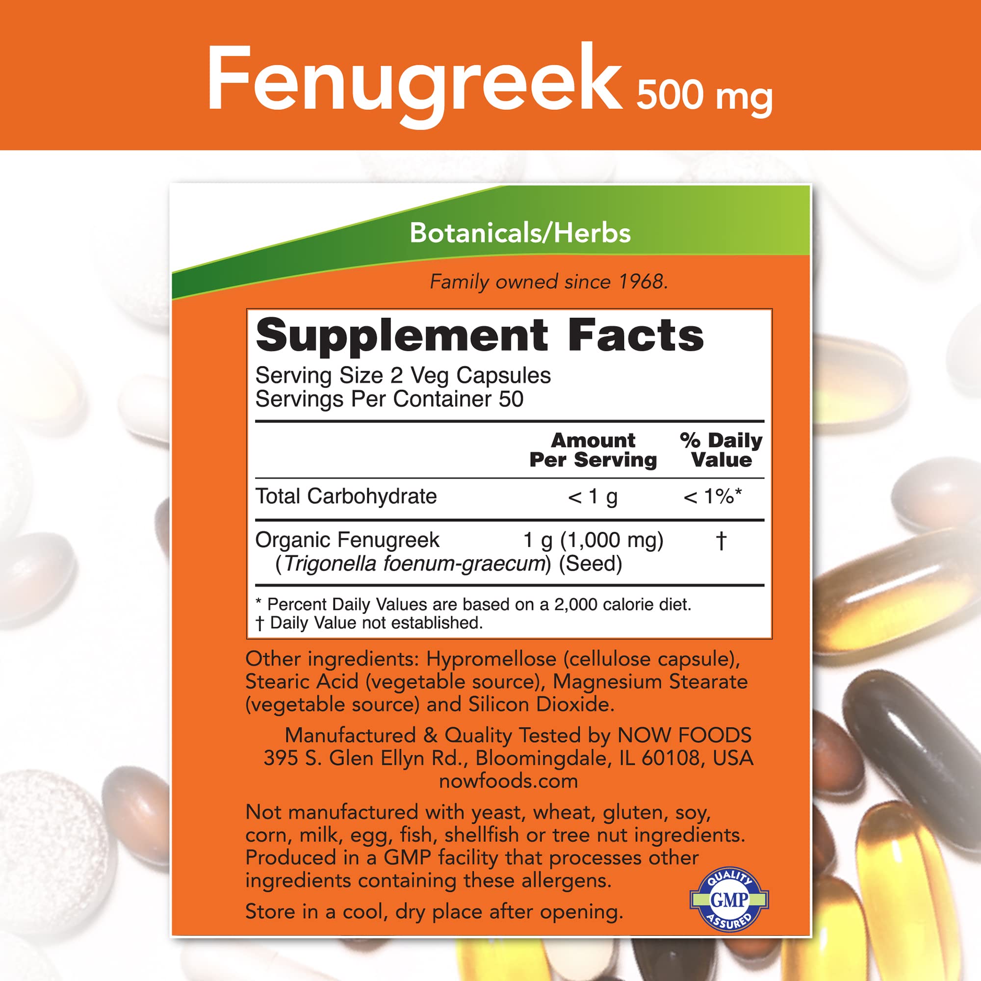 NOW Foods Fenugreek Herbal Supplement side view showing label
