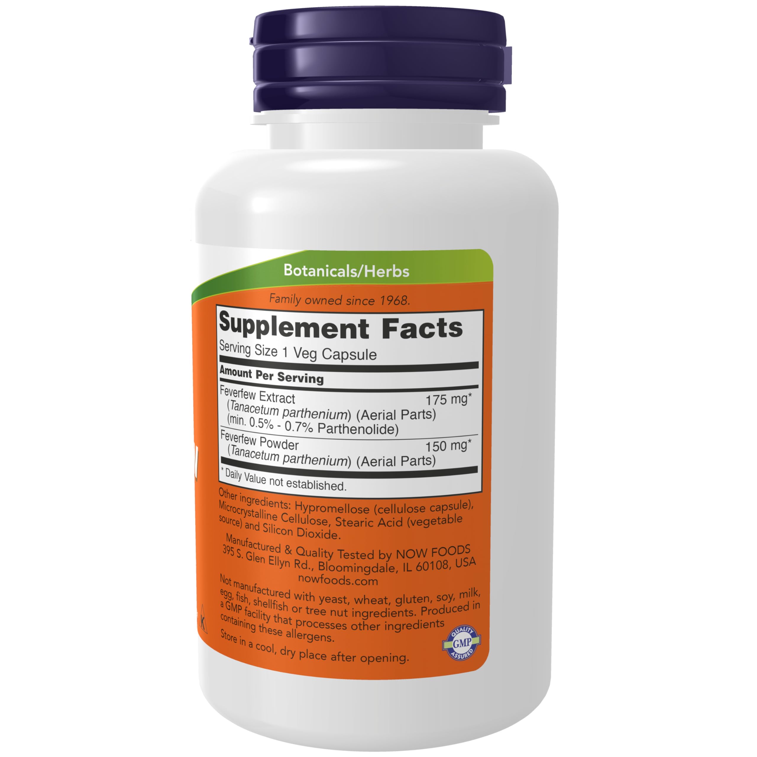 NOW Foods Feverfew herbal supplement side view showing label details