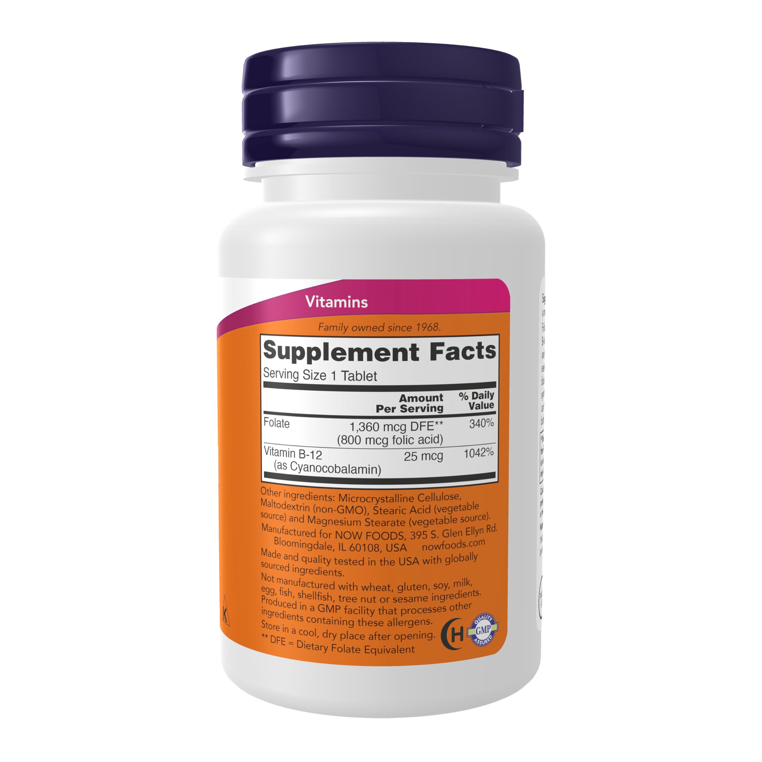 NOW Foods Folic Acid 800 mcg 100 Tablets packaging