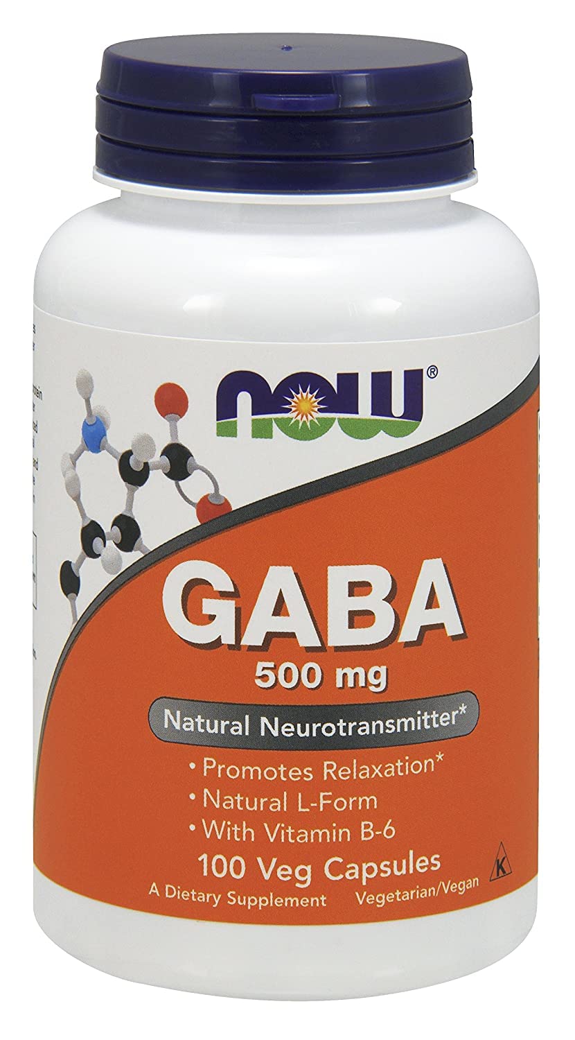 NOW Foods Gaba 500mg bottle with capsules on a wooden surface