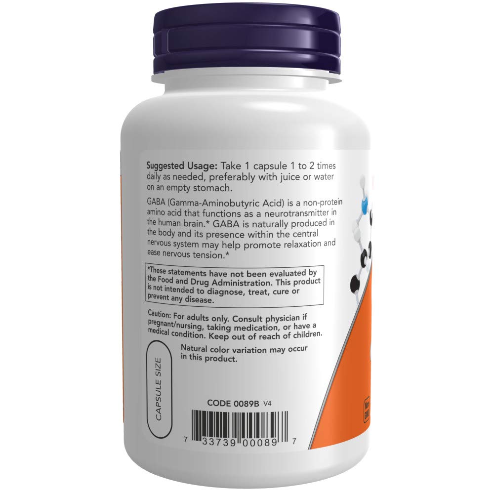 NOW Foods GABA 750mg 100 Veg Capsules back view