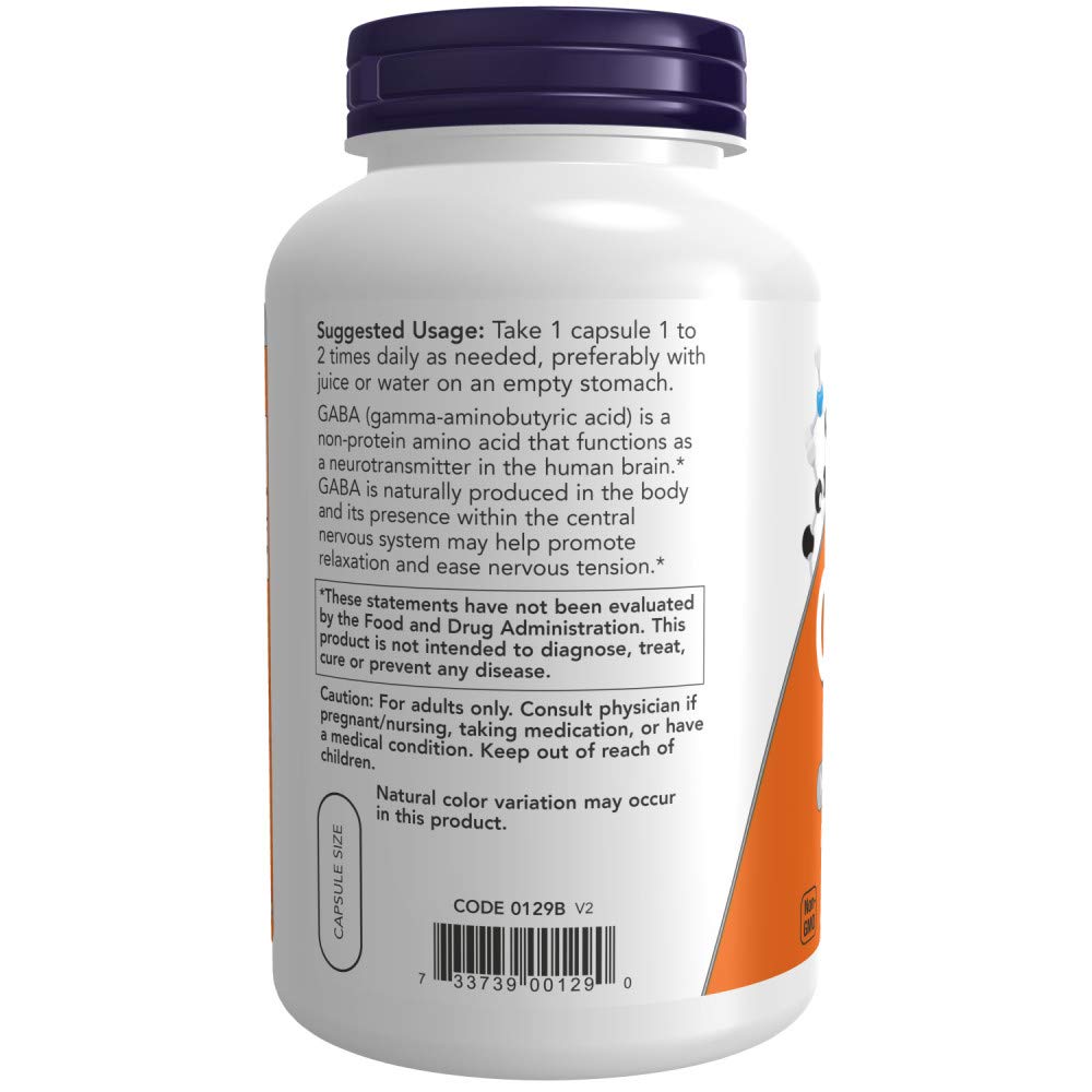 NOW Foods GABA 750mg 100 Veg Capsules label close-up