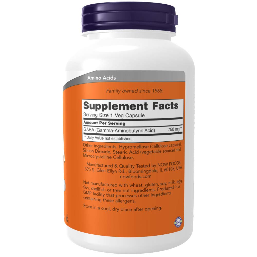 NOW Foods GABA 750mg 100 Veg Capsules side view