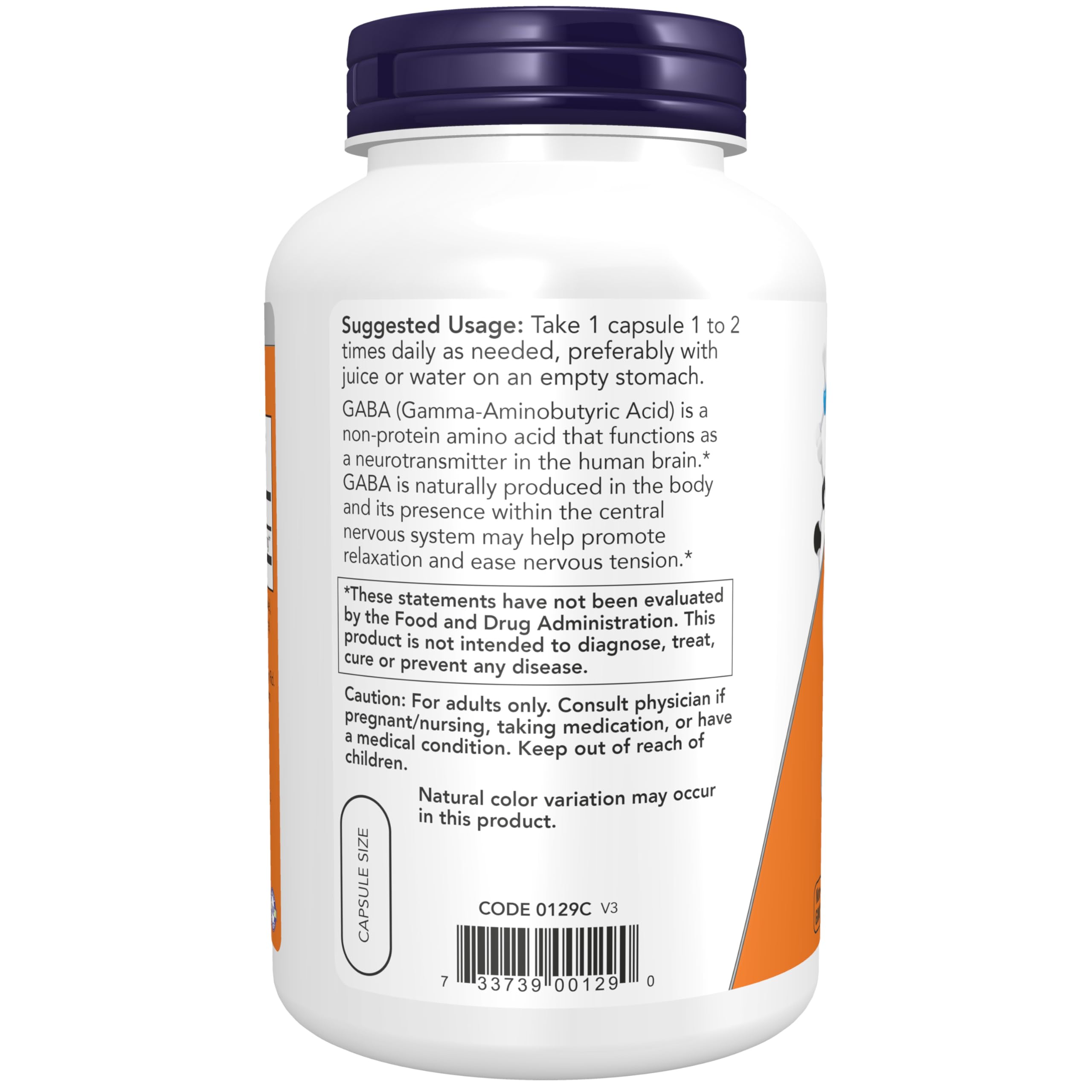 NOW Foods GABA 750mg 200 Veg Capsules label close-up