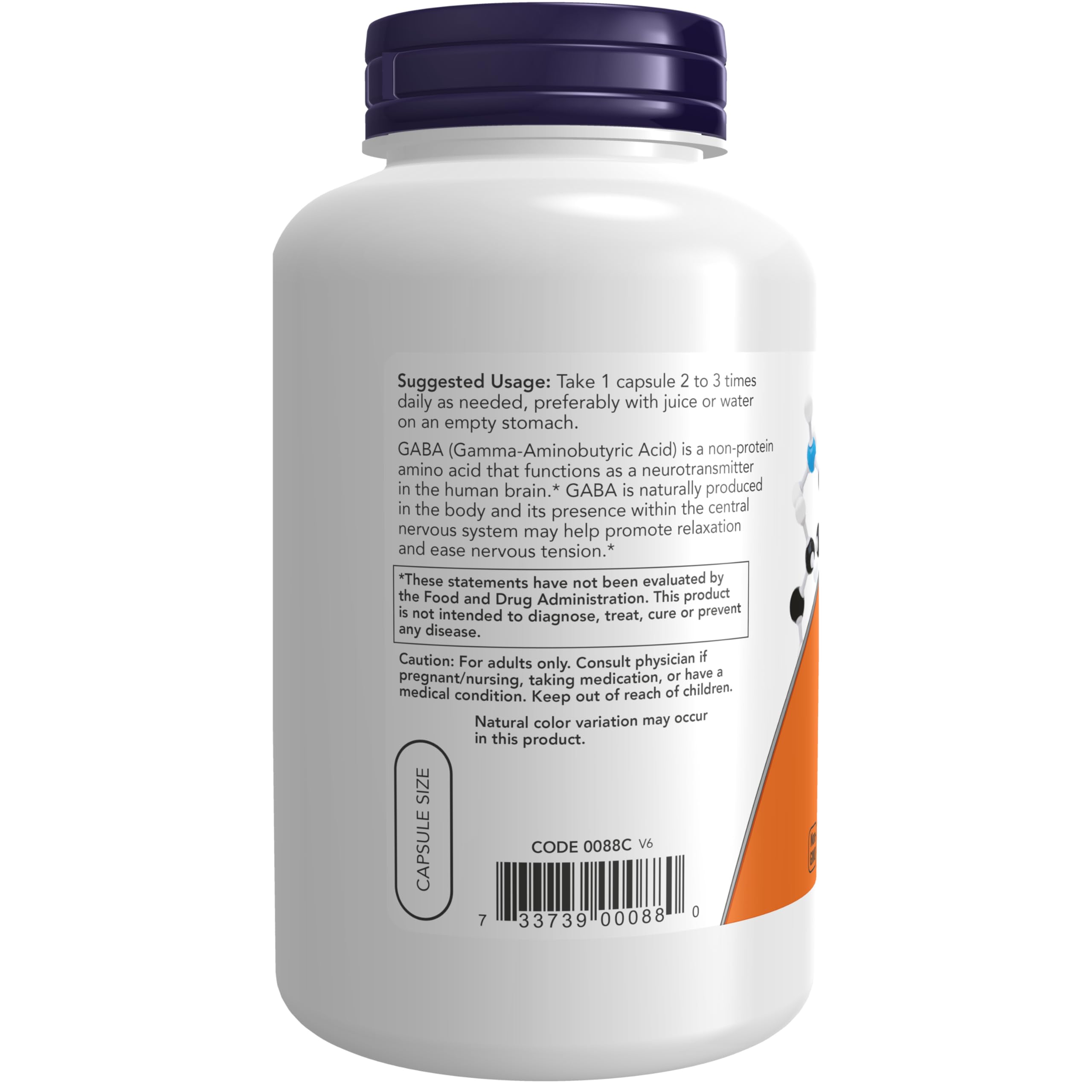 NOW Foods GABA Capsules back view with ingredient list
