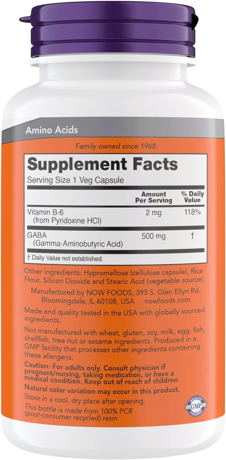 NOW Foods GABA Capsules side view showing dosage instructions