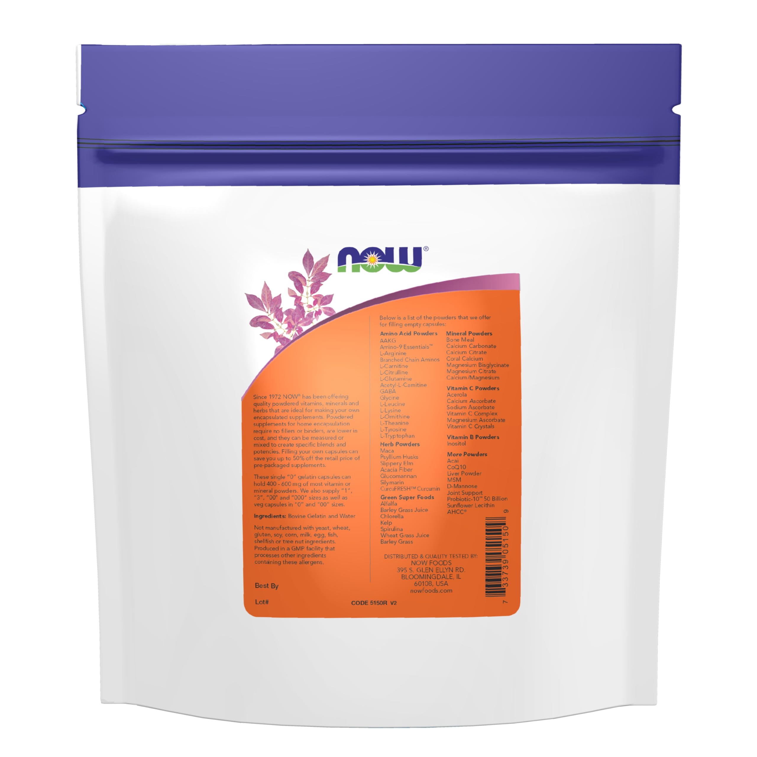 NOW Foods Gelatin Capsules showing contents and size