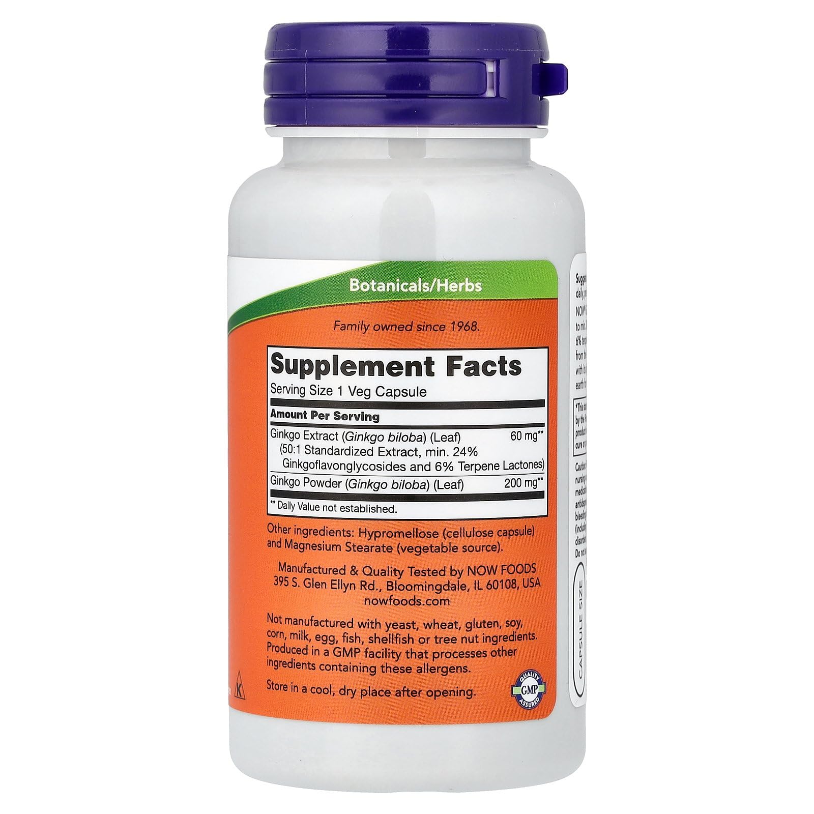 NOW Foods Ginkgo Biloba Extract 24% Standardized 68g back view with ingredients