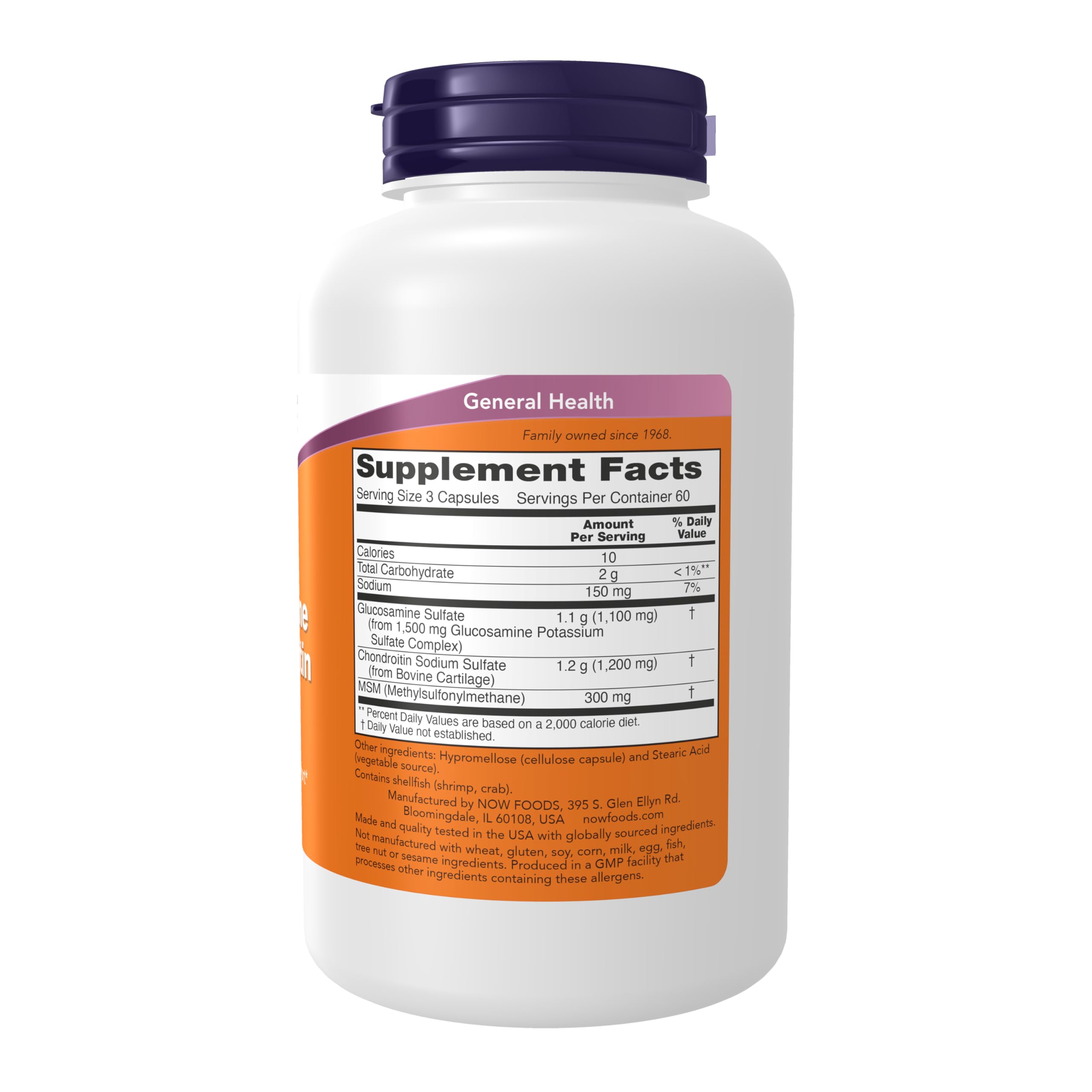 NOW Foods Glucosamine & Chondroitin with MSM 60 Capsules side view
