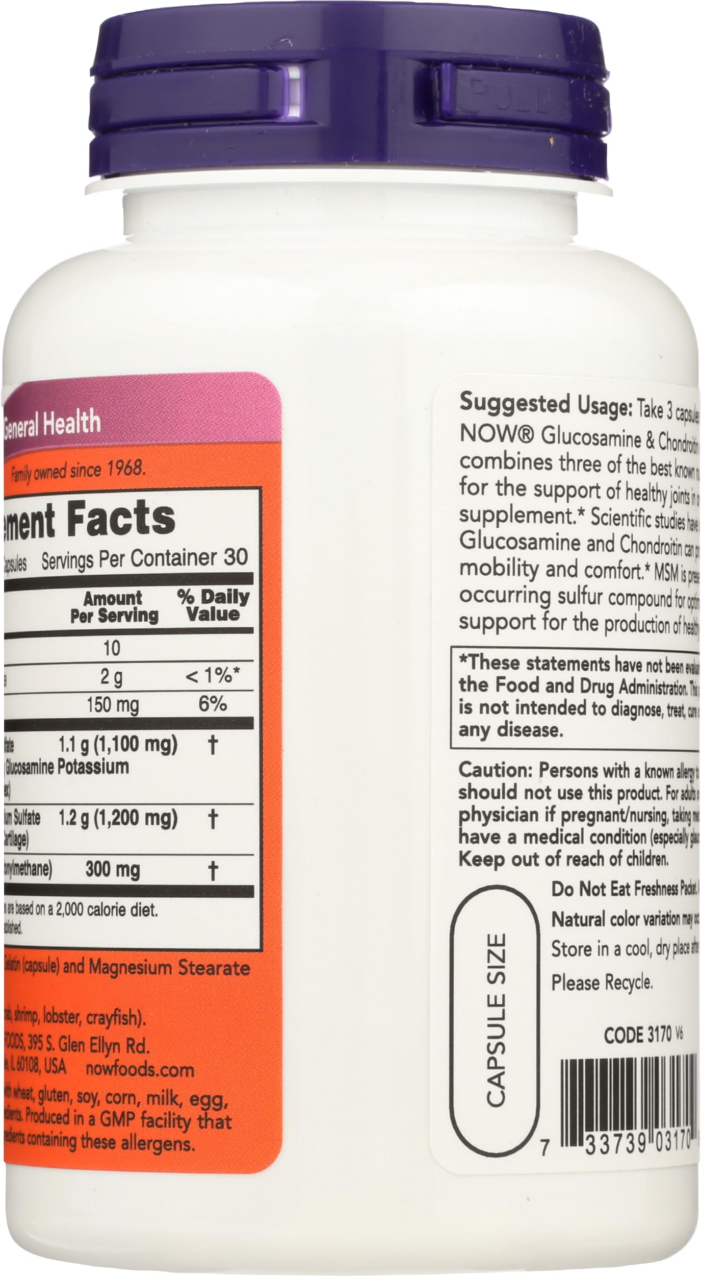 NOW Foods Glucosamine & Chondroitin with MSM bottle side view