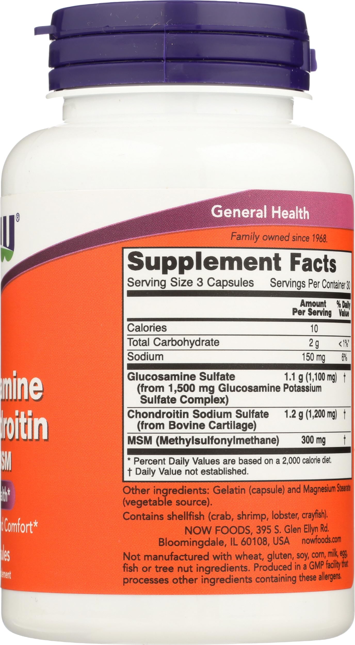 NOW Foods Glucosamine & Chondroitin with MSM capsules on a table