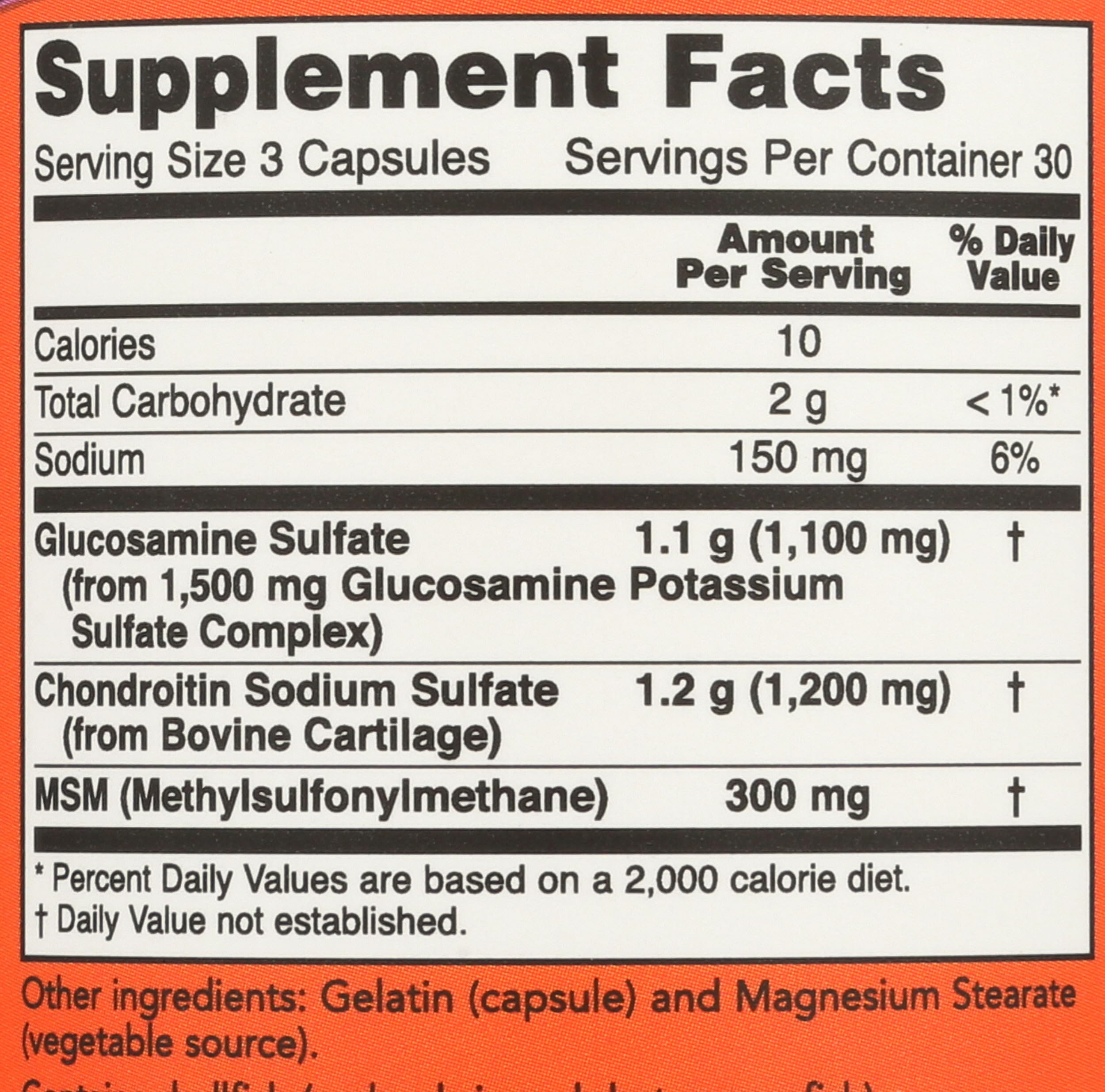 NOW Foods Glucosamine & Chondroitin with MSM nutritional information